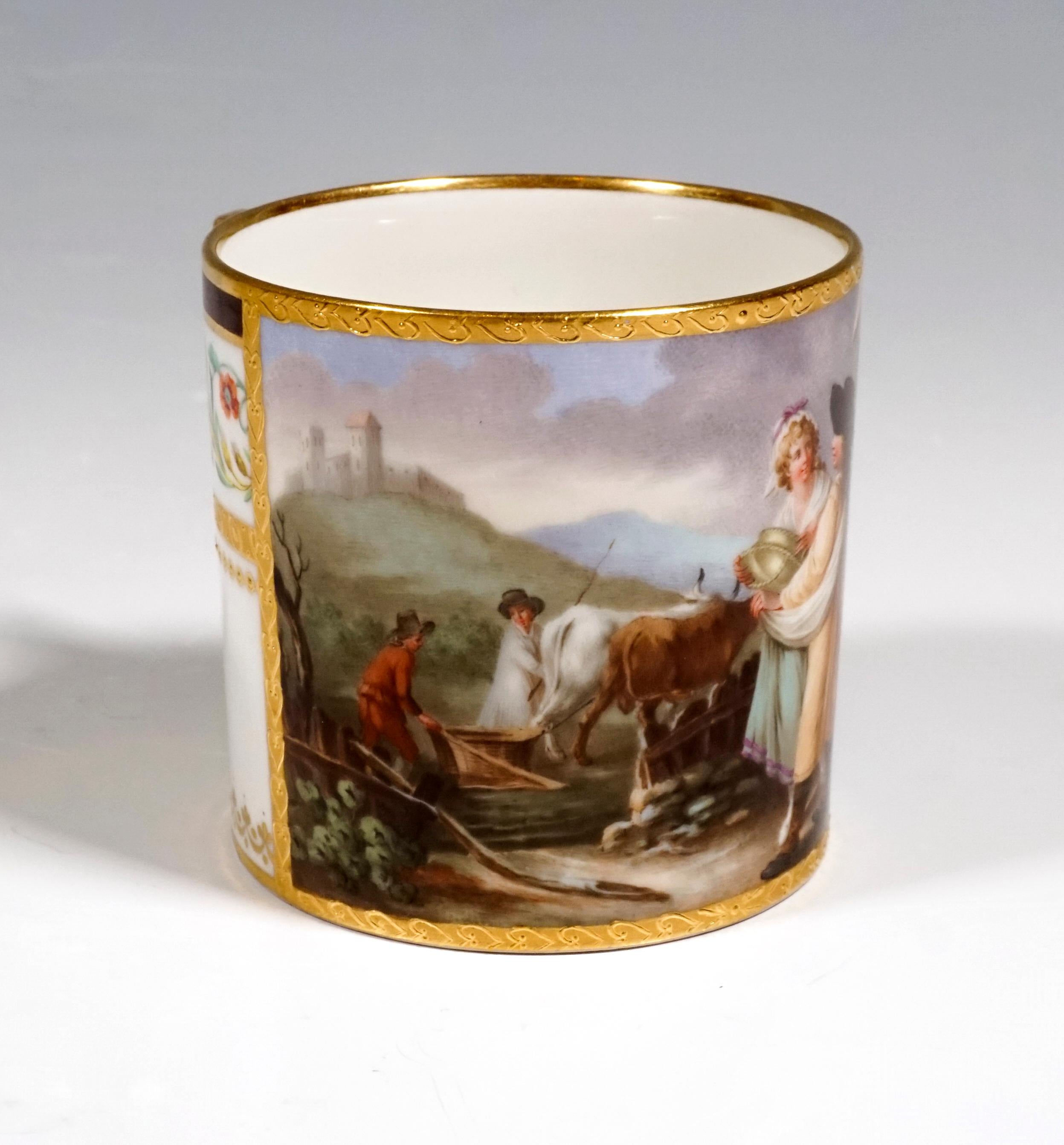 Romantic Viennese Imperial Porcelain Collecting Cup with Genre Scene, Sorgenthal, 1801