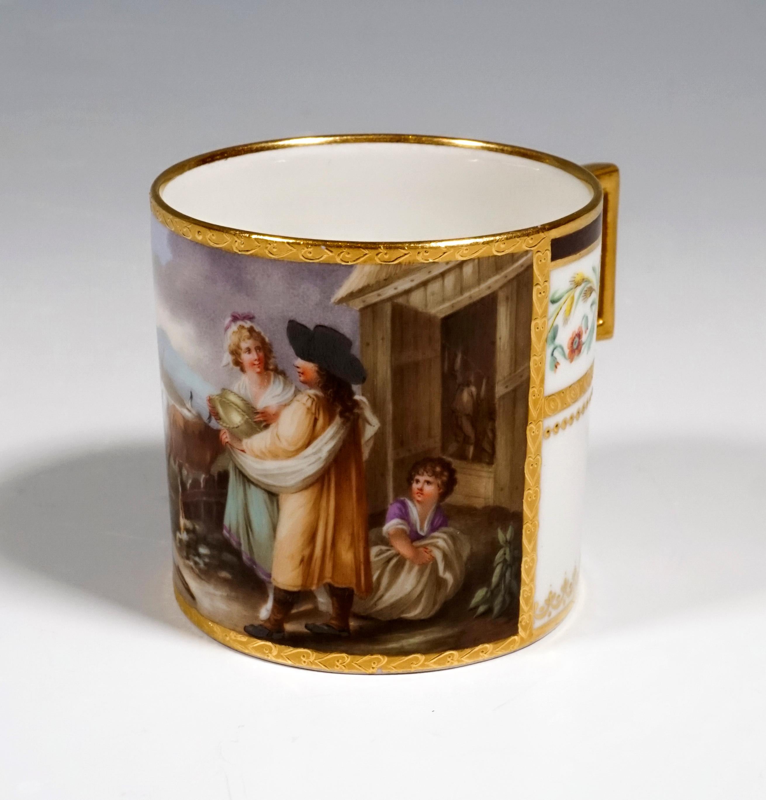 Austrian Viennese Imperial Porcelain Collecting Cup with Genre Scene, Sorgenthal, 1801