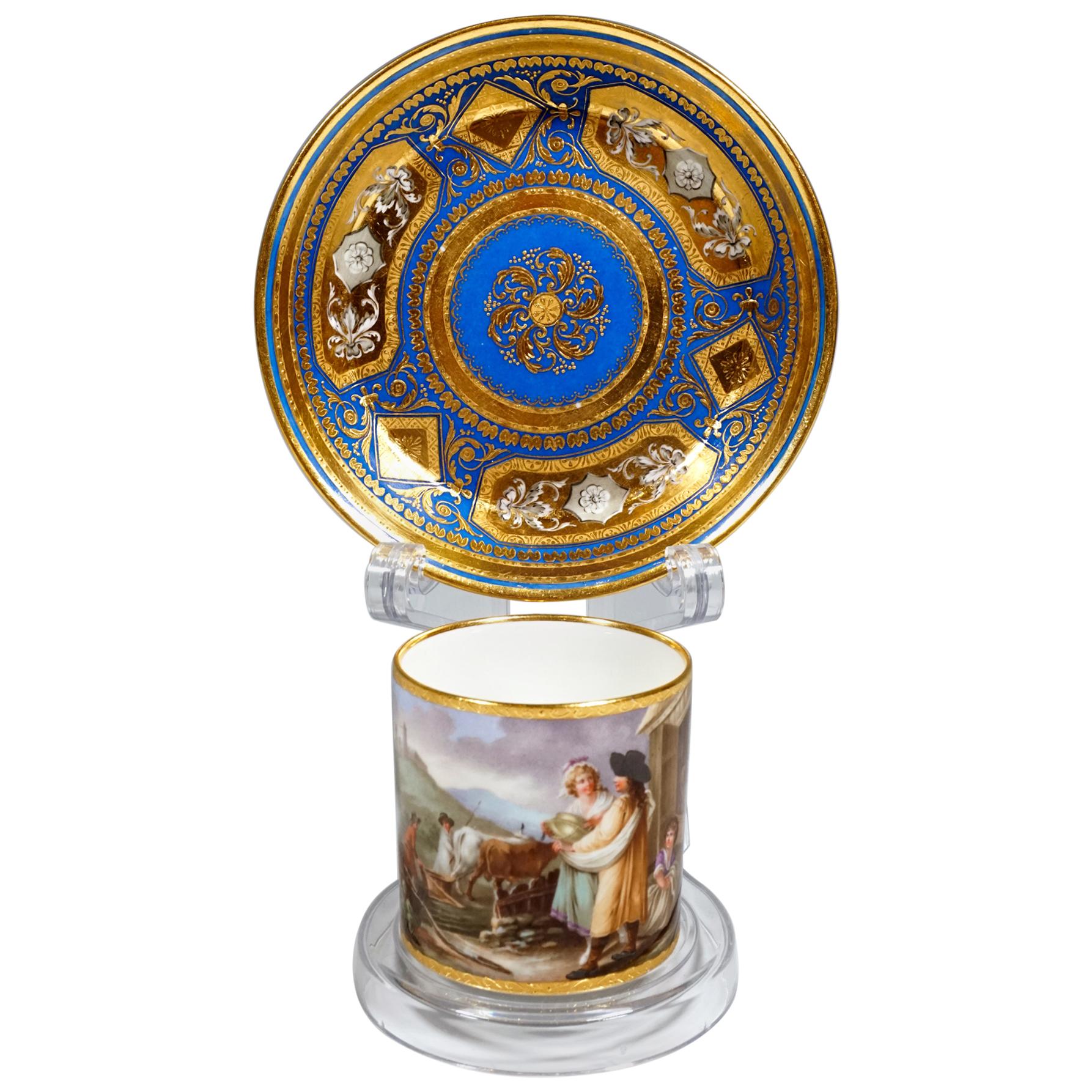 Viennese Imperial Porcelain Collecting Cup with Genre Scene, Sorgenthal, 1801