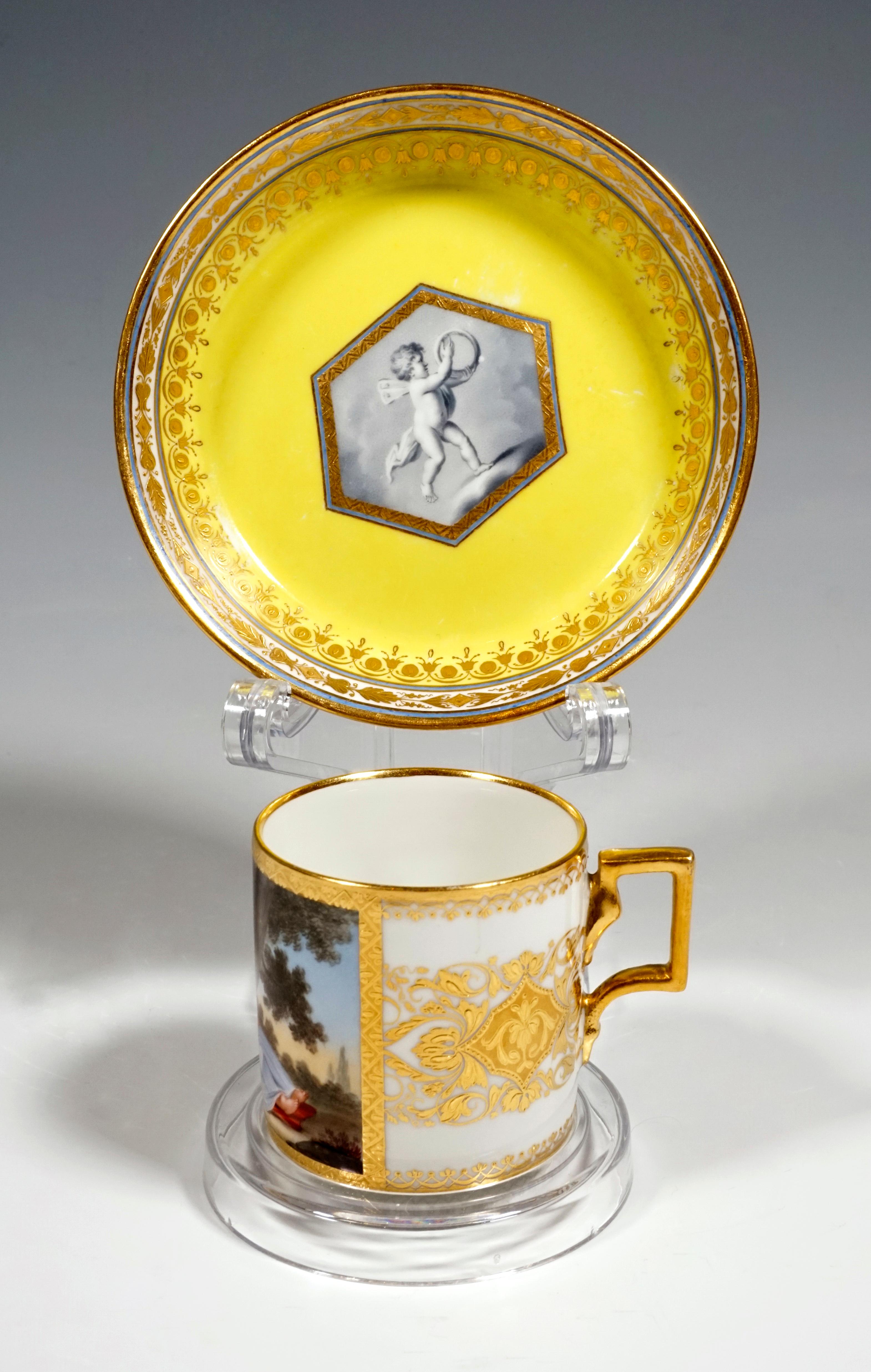 Extraordinarily decorated porcelain cup with saucer:
The front of the cylindrical white cup is provided with a reserve in polychromy over the entire height: a little girl is sleeping on a bed of sheaves under a tree. The scene is framed in gold