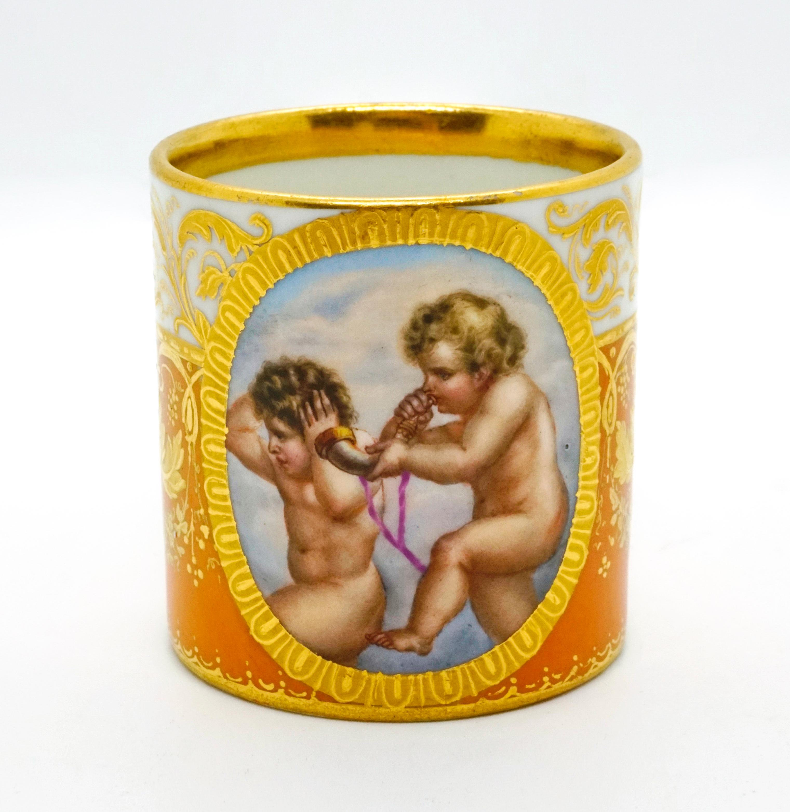 Austrian Viennese Imperial Porcelain Collecting Cup Yellow and Gold with Cupids, 1825
