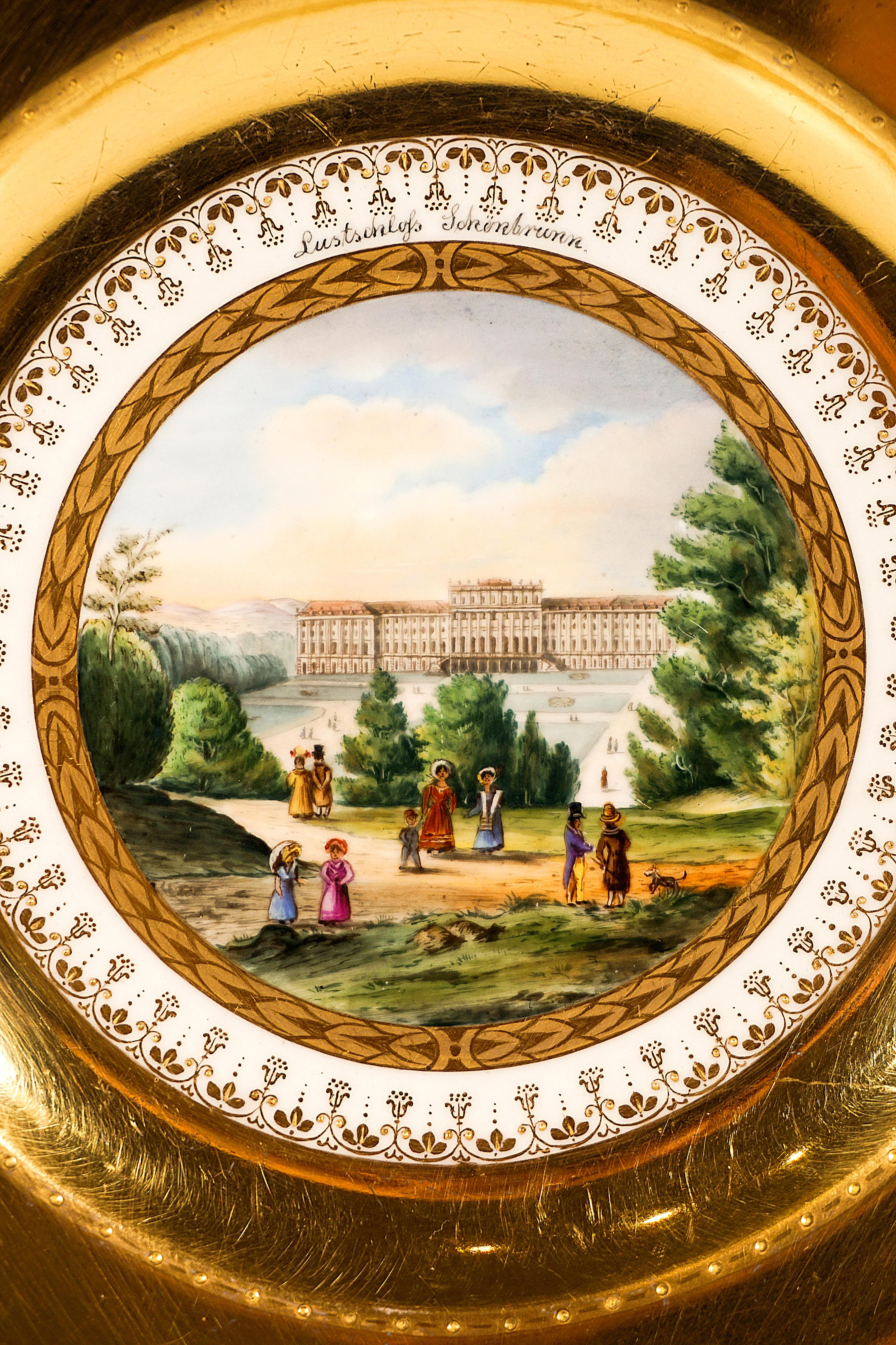 Baroque Viennese Imperial Porcelain Plate, 'Lustschloß Schönbrunn', Rich Gilding, 1813 For Sale
