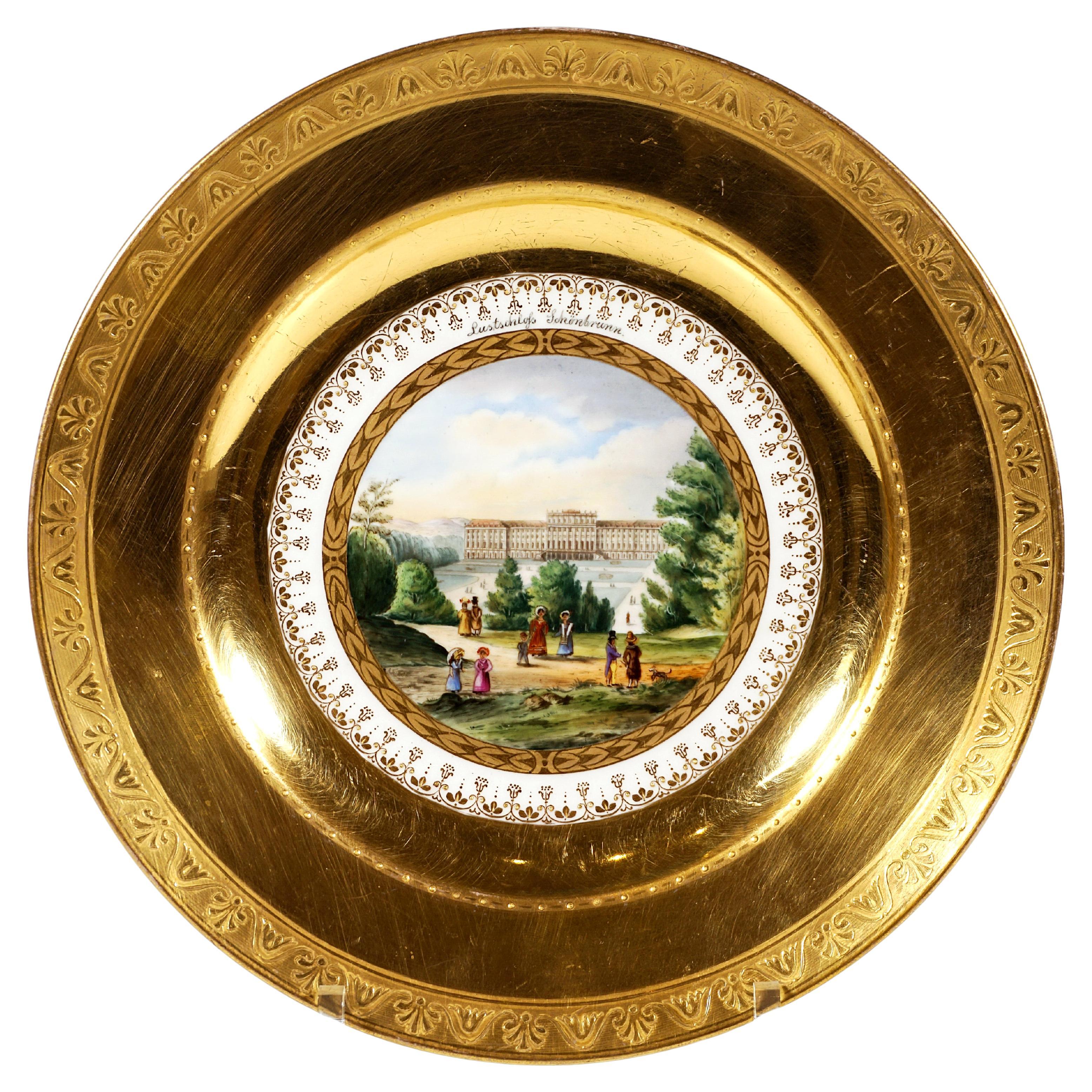 Viennese Imperial Porcelain Plate, 'Lustschloß Schönbrunn', Rich Gilding, 1813