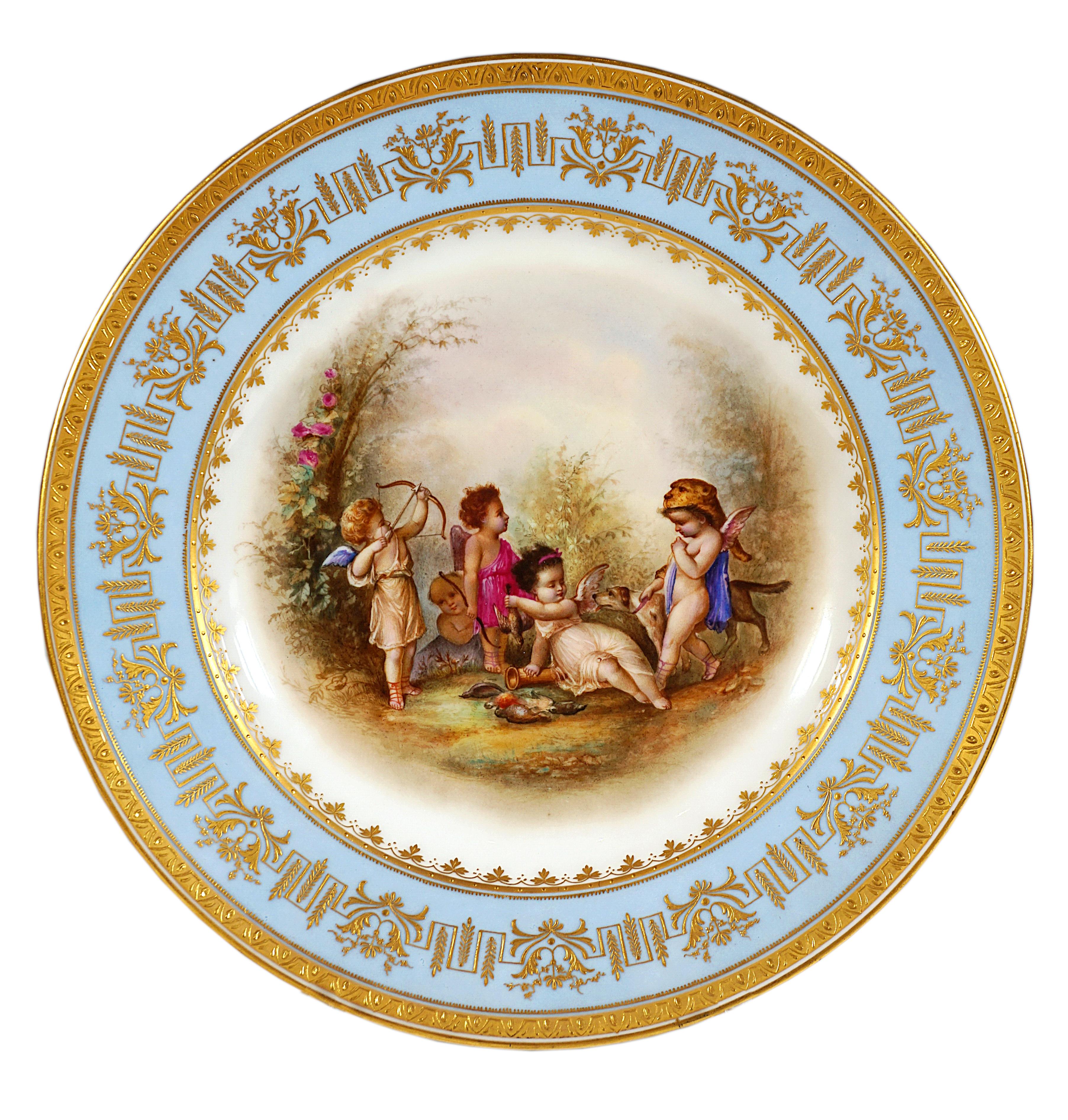 Wiener kaiserlicher Porzellan-Splendour-Teller, spielende Amors als Jäger, 1805