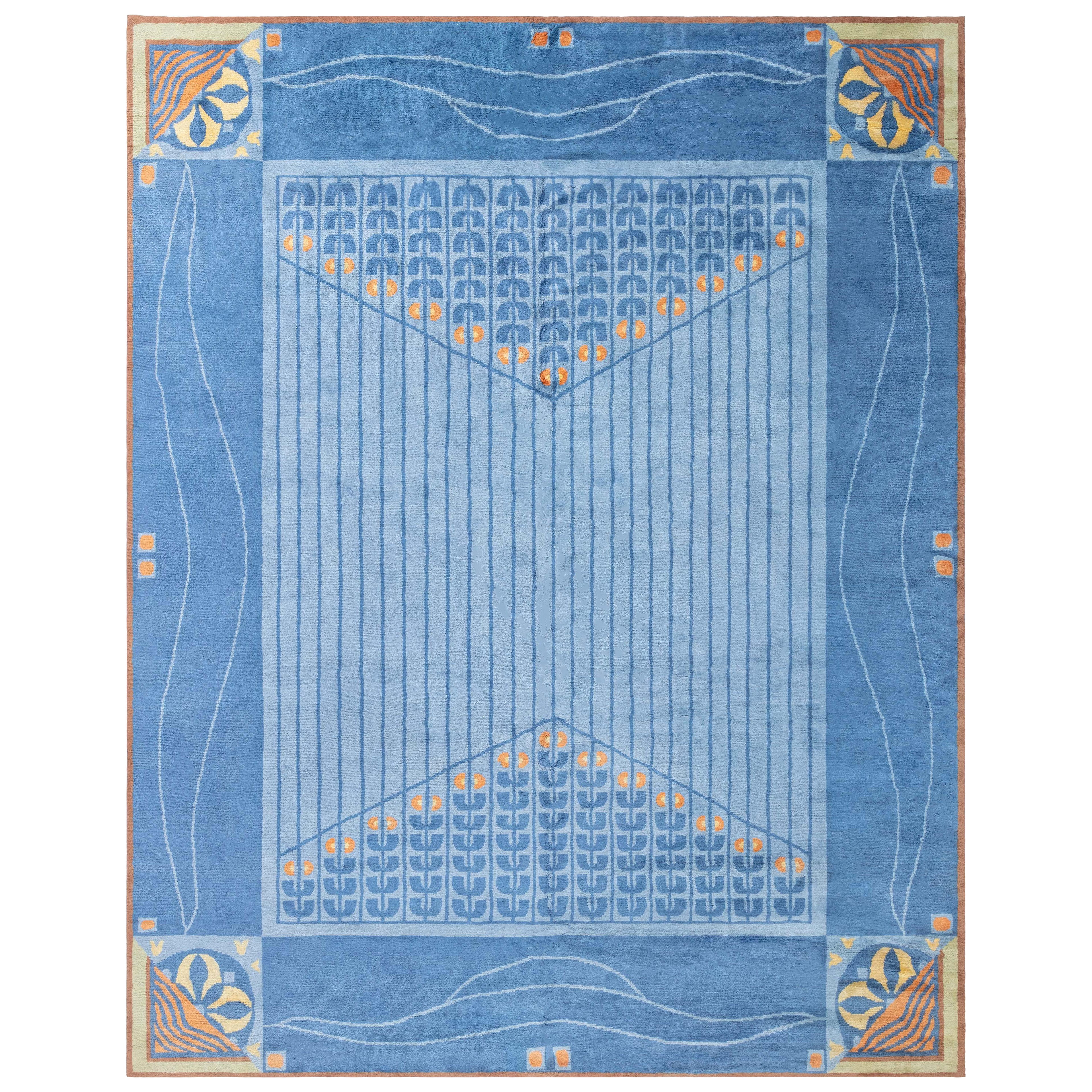 Alfombra de lana anudada a mano de inspiración vienesa azul de Doris Leslie Blau