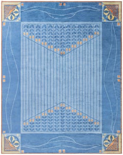 Tappeto di ispirazione viennese in lana annodata a mano blu di Doris Leslie Blau