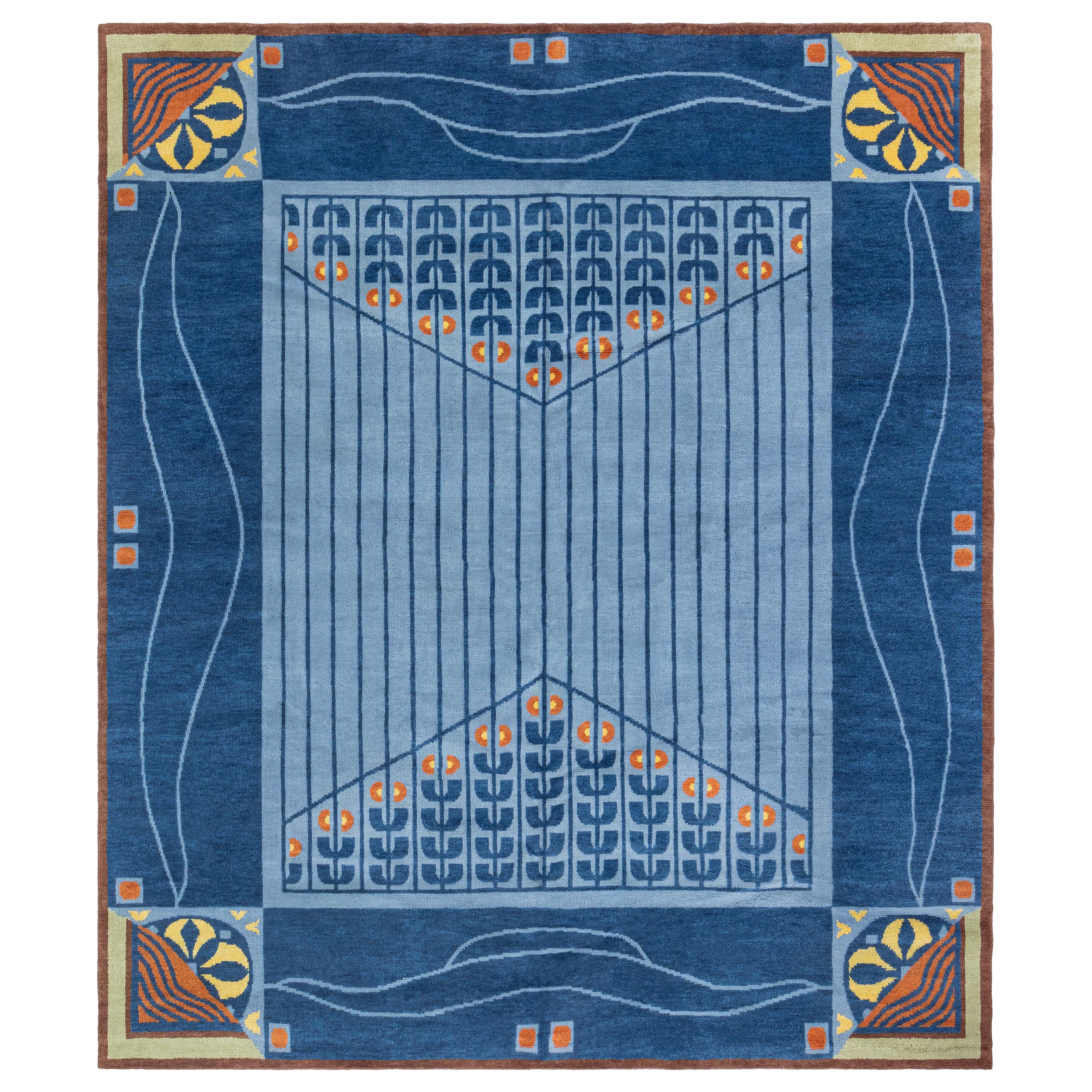 Tappeto di ispirazione viennese in lana annodata a mano blu di Doris Leslie Blau