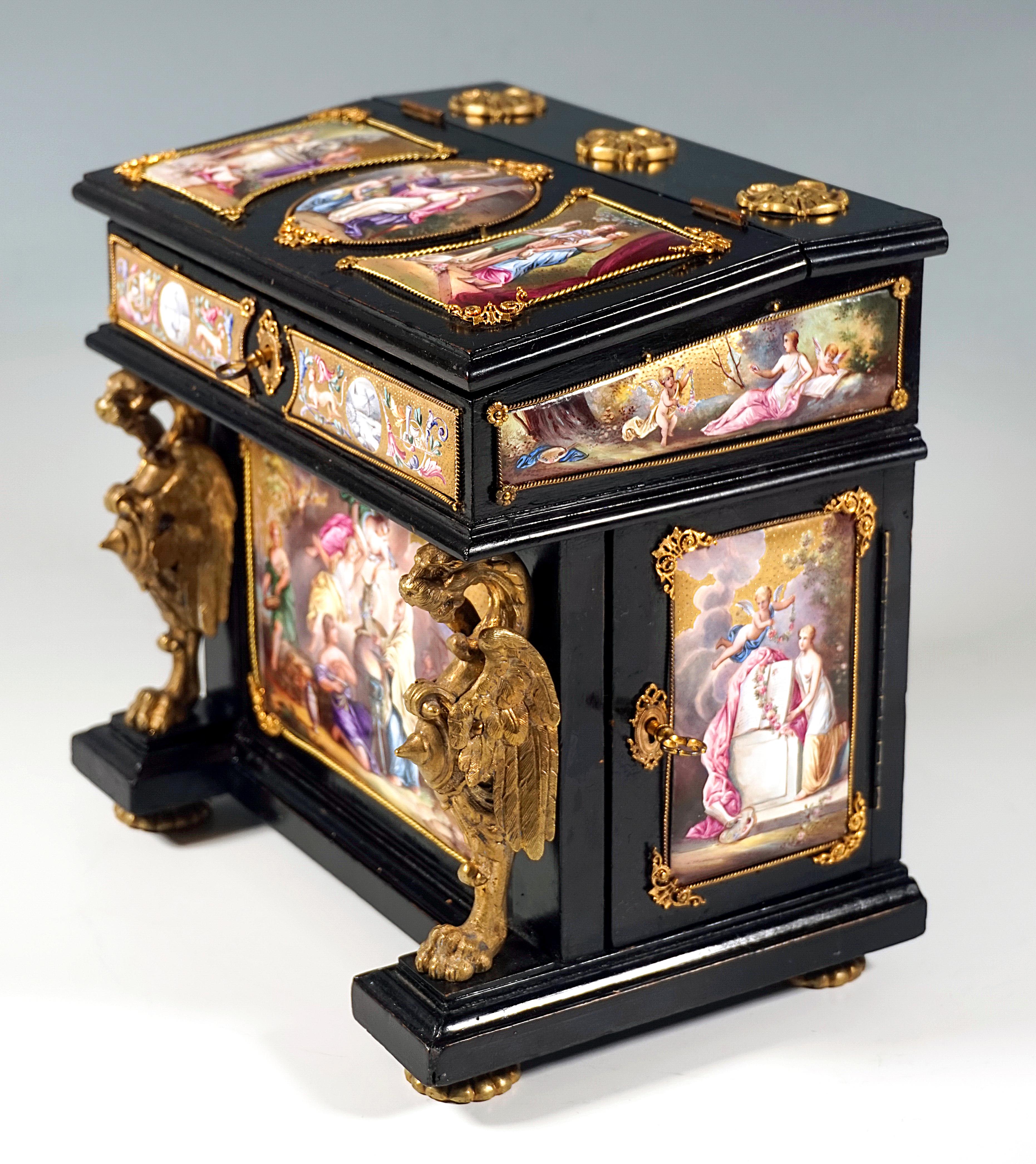 Austrian Viennese Jewel Case with Enamel Paintings Austriabronze & Brass Fittings ca 1880