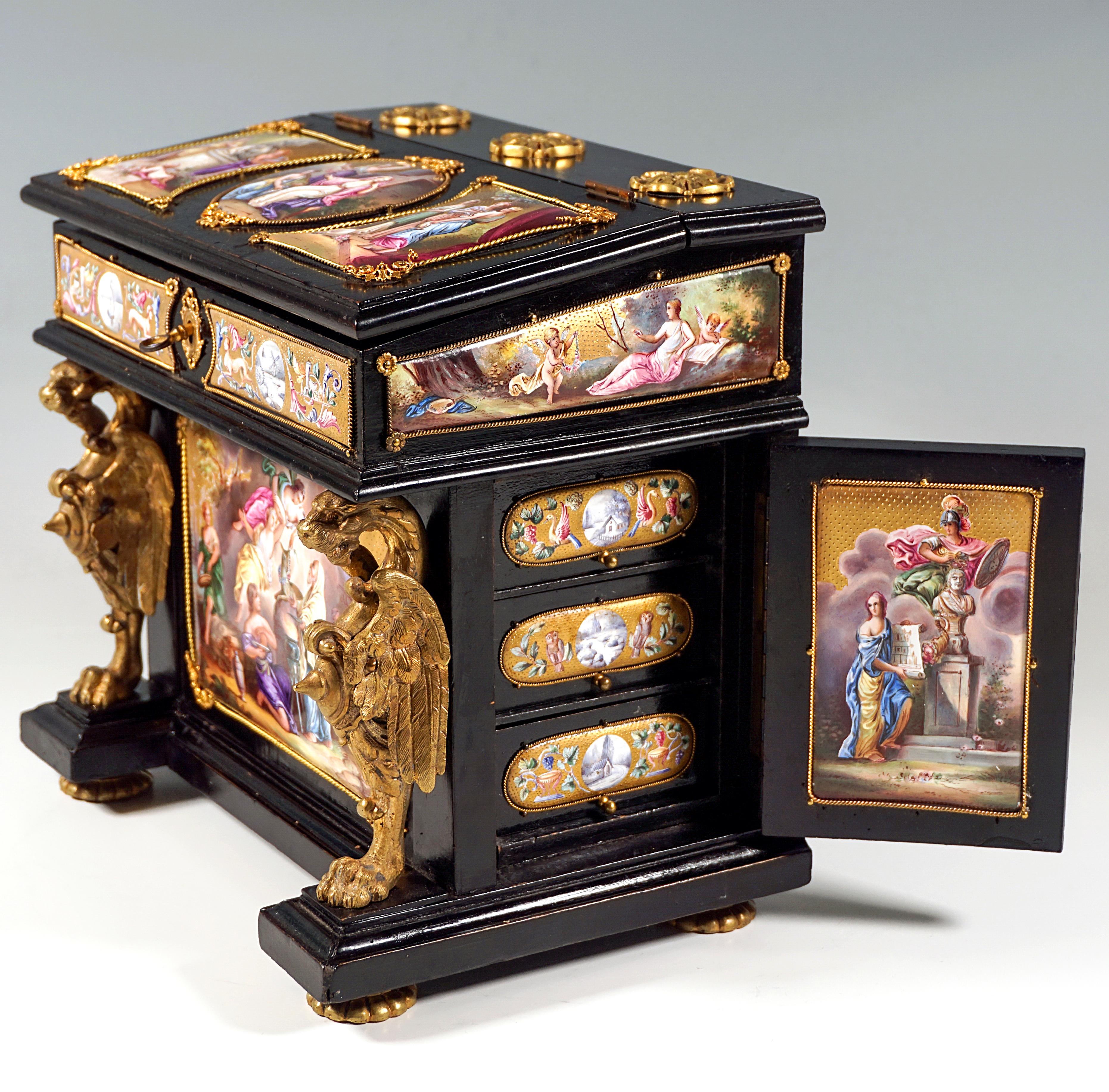 Enameled Viennese Jewel Case with Enamel Paintings Austriabronze & Brass Fittings ca 1880