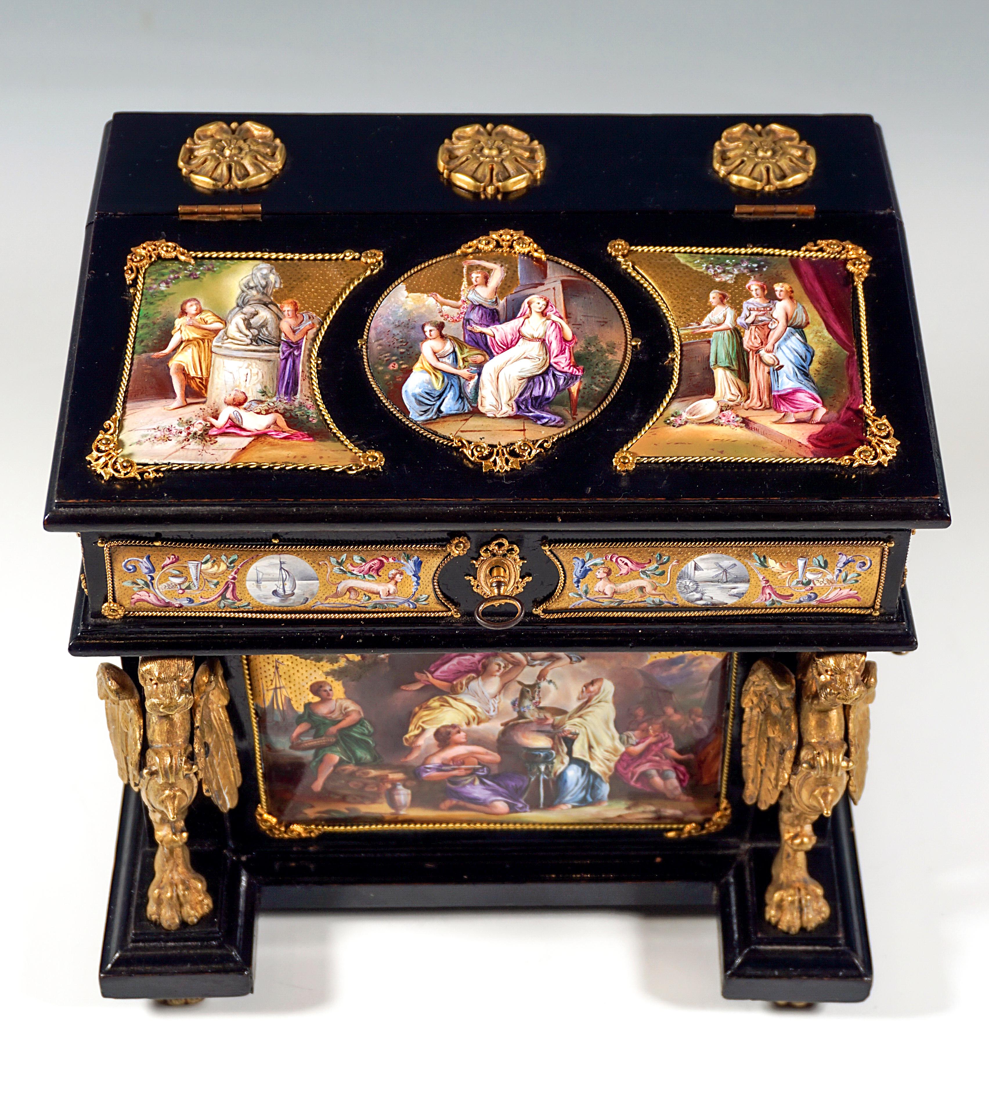Viennese Jewel Case with Enamel Paintings Austriabronze & Brass Fittings ca 1880 In Good Condition In Vienna, AT
