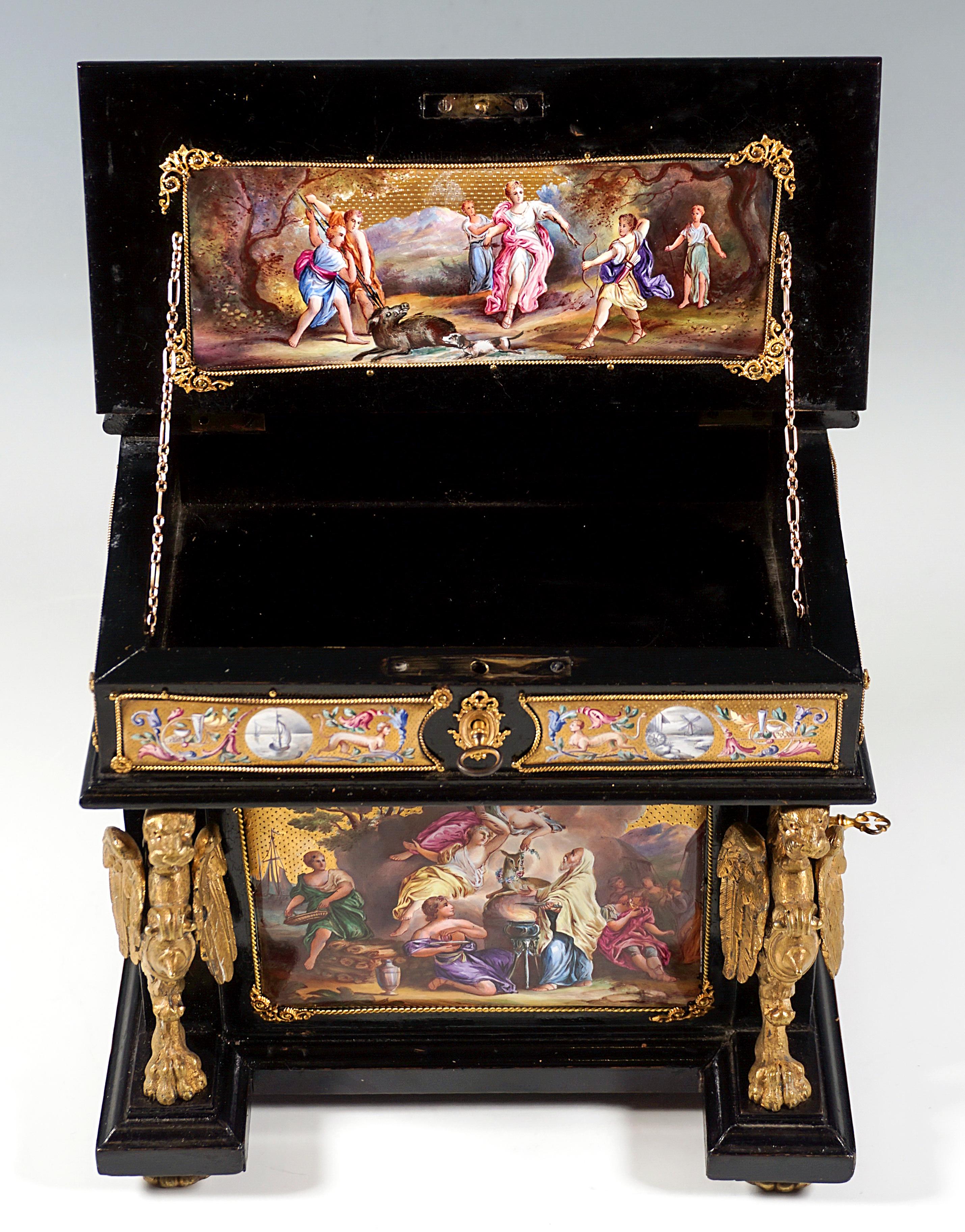 Late 19th Century Viennese Jewel Case with Enamel Paintings Austriabronze & Brass Fittings ca 1880