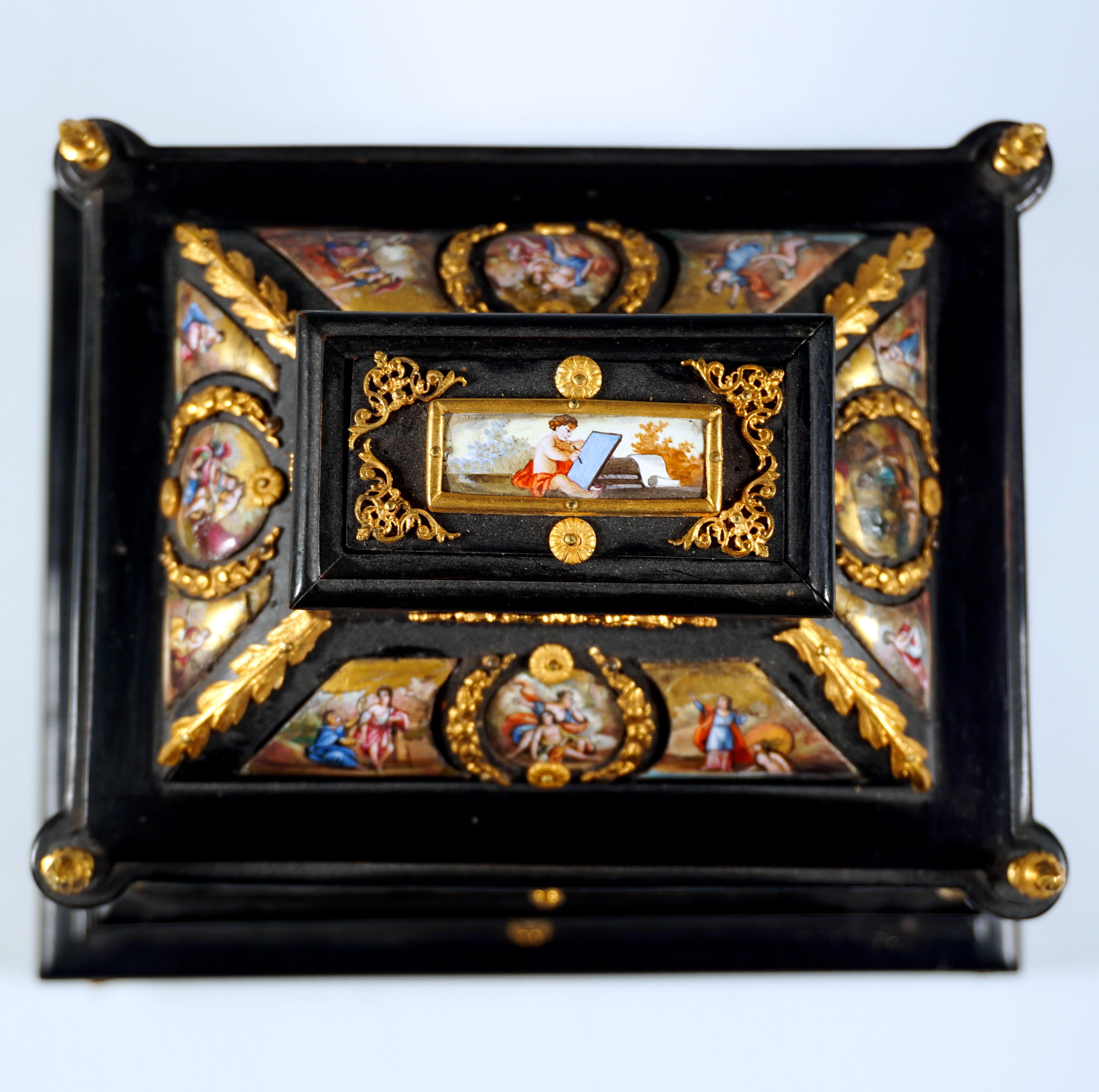 Wiener Jewell mit Emailmalerei, Bronze- und Messingbeschläge, um 1870/1880 im Angebot 11