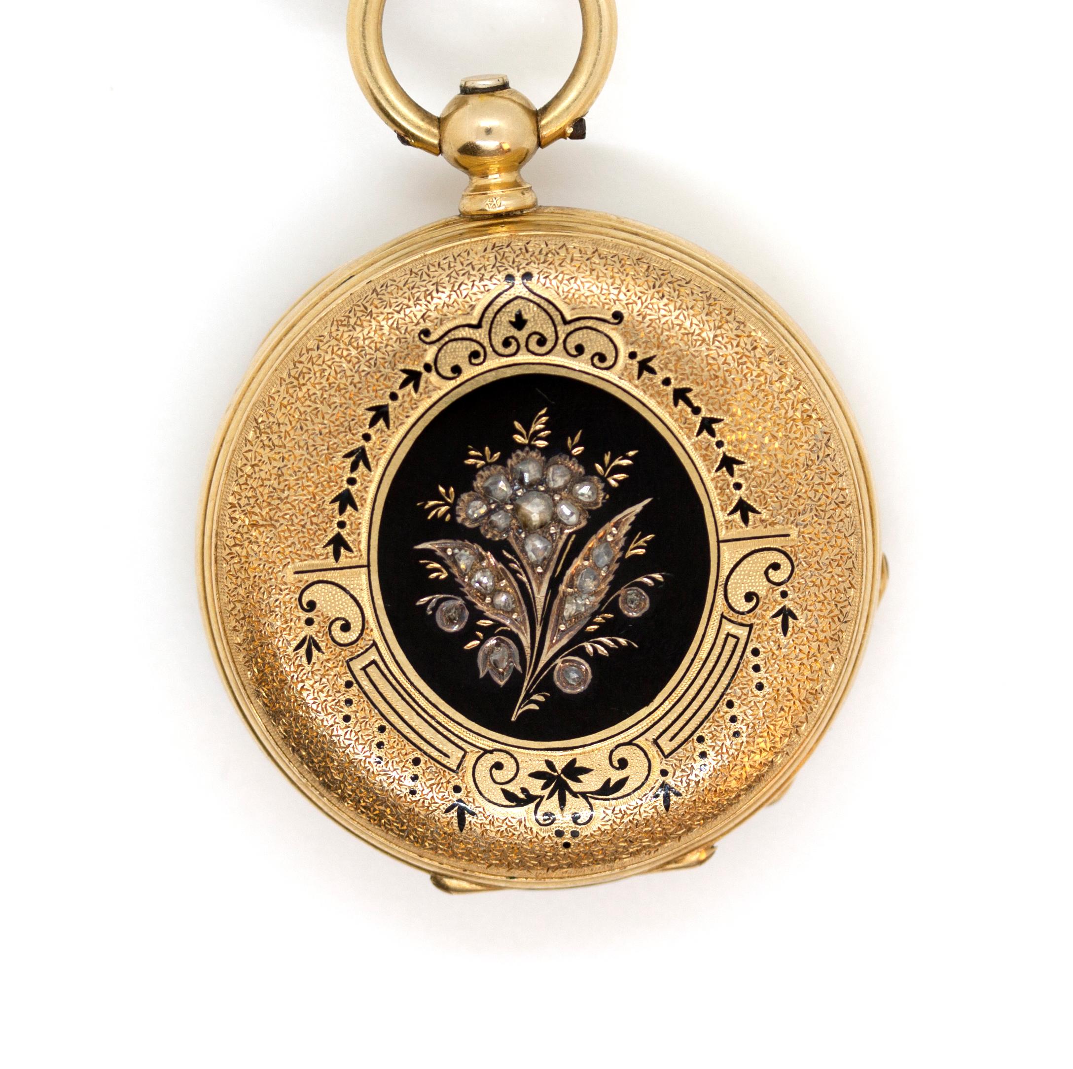 Elegant Key-wind Ladie's Pocket Watch

18 Karat yellow gold, engraved case with black and gold enamel decoration and old-cut diamond inlays forming a flower on the front, one further diamond at the back.
Three lids, all of them - also the