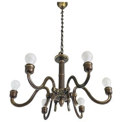 Hugo Gorge Six Light Brass Chandelier, Viennese Modern Age, 1930s, Austria