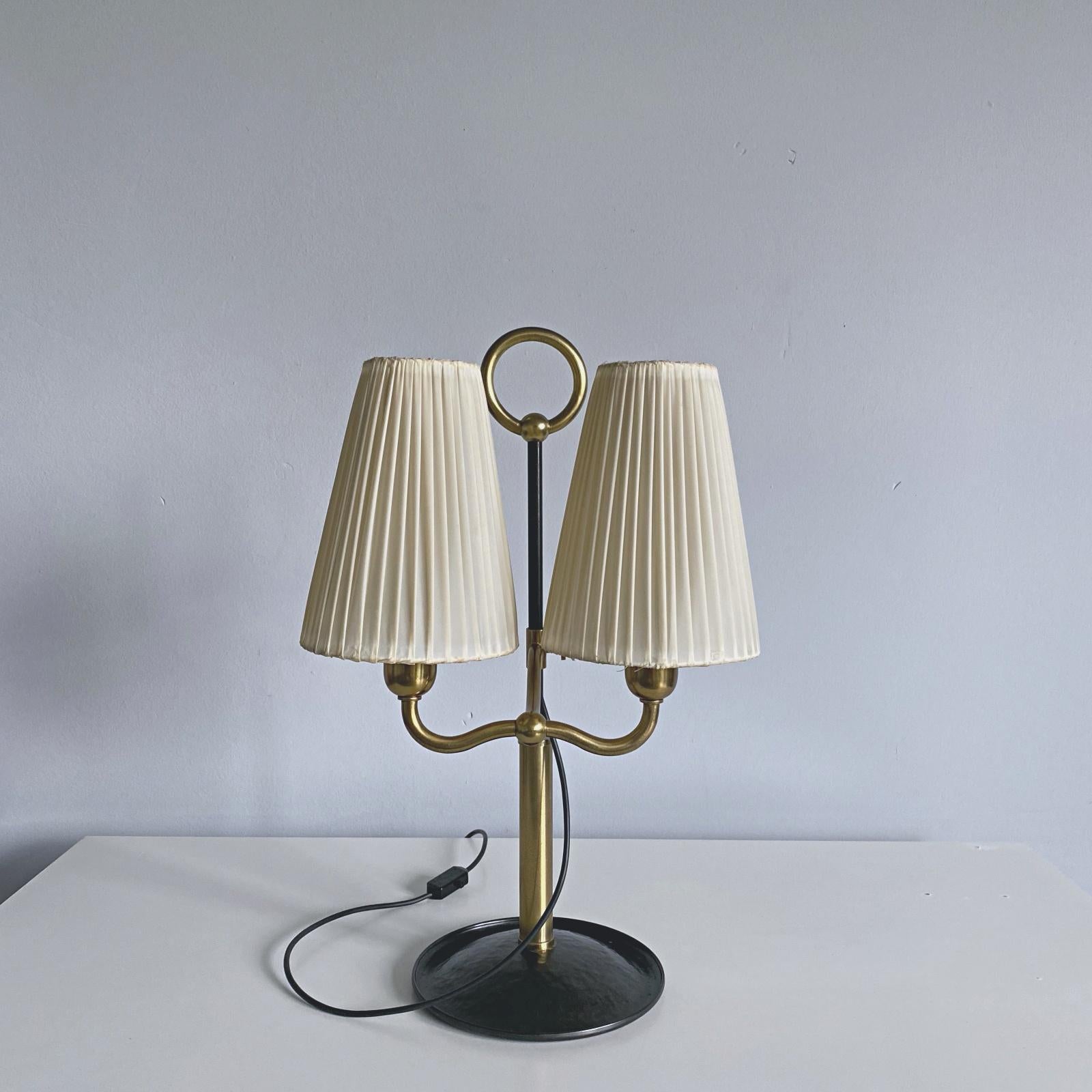 Very rare and elegant Viennese Modern Age adjustable brass and forged iron table lamp designed by Josef Frank for Haus & Garten in late 1920s, Vienna. Josef Frank was very famous architect and designer. He was one of the founders of Viennese Modern,