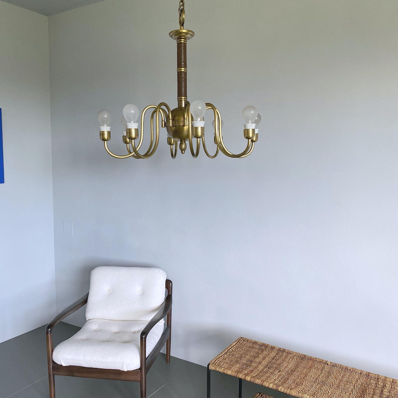 Hand-Crafted Hugo Gorge Eight-Light Brass Chandelier, Viennese Modern Age, 1930s, Austria