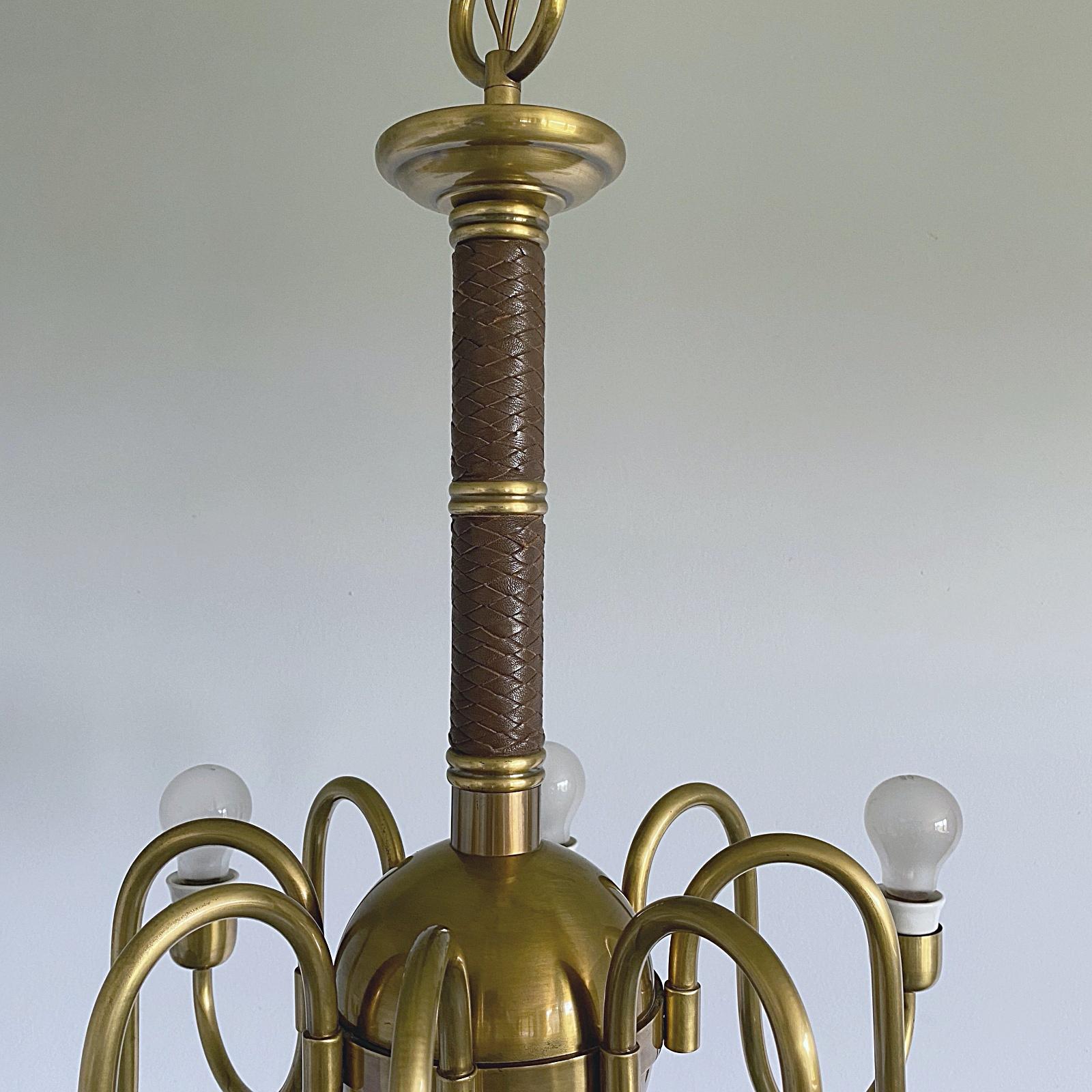 Hugo Gorge Eight-Light Brass Chandelier, Viennese Modern Age, 1930s, Austria 1