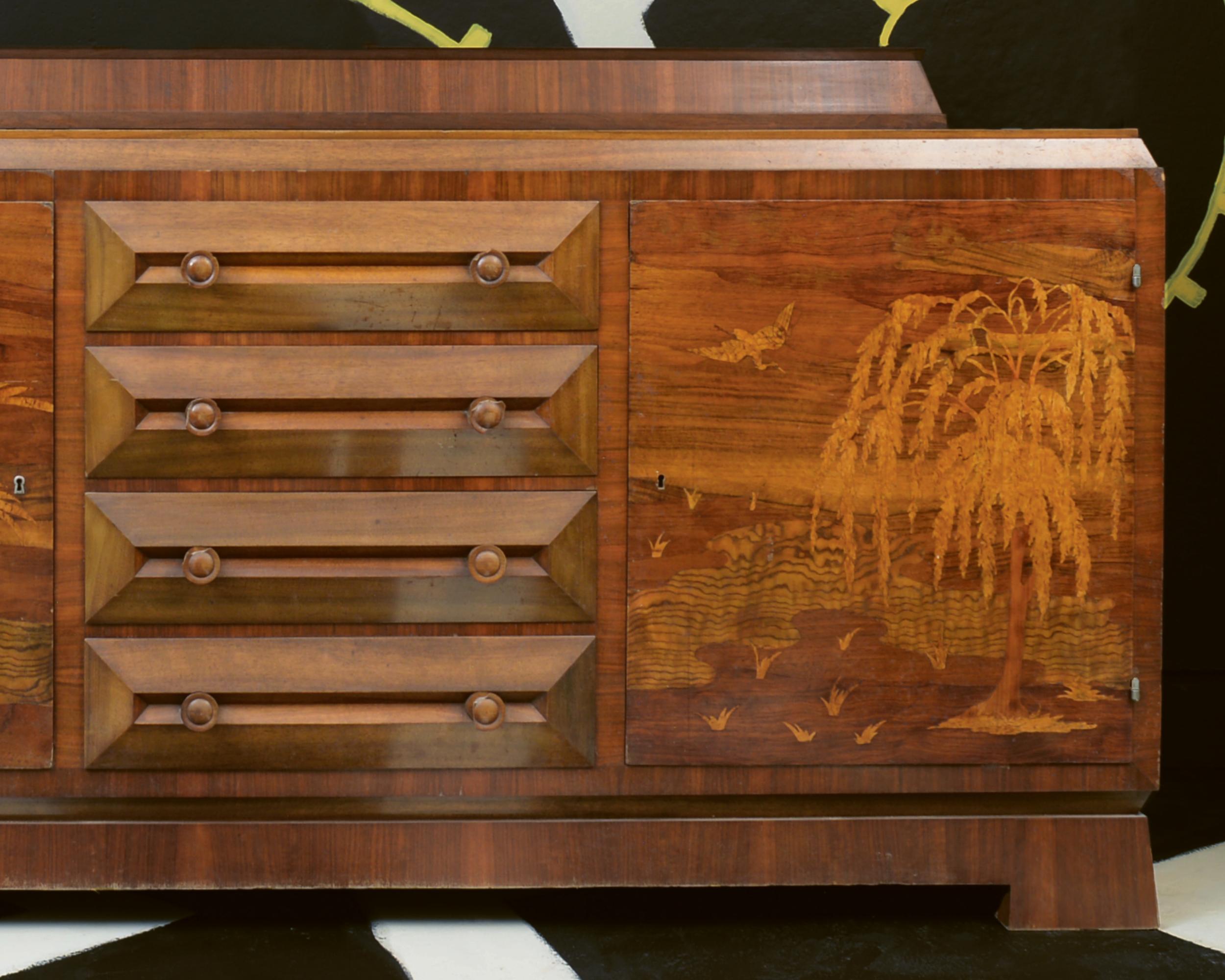 Austrian Viennese Neues Wohnen Sideboard with Marquetry Landscape, c. 1926 For Sale