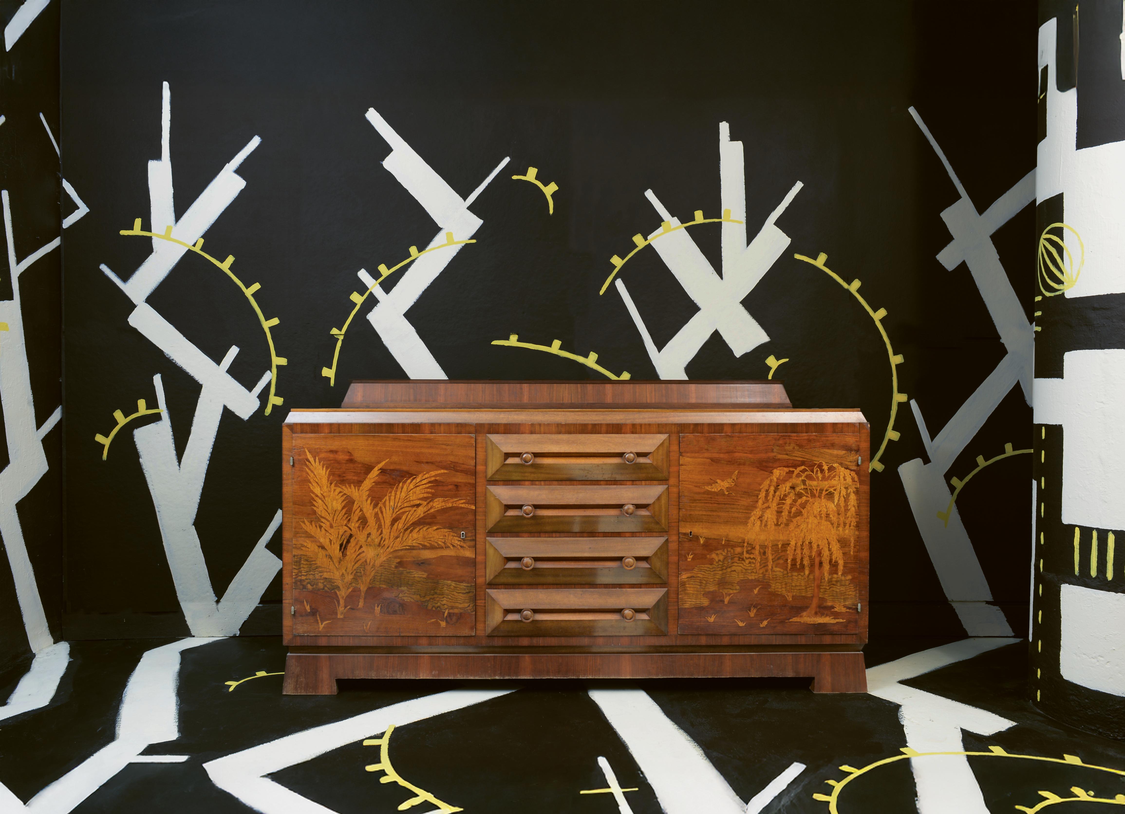 Early 20th Century Viennese Neues Wohnen Sideboard with Marquetry Landscape, c. 1926 For Sale