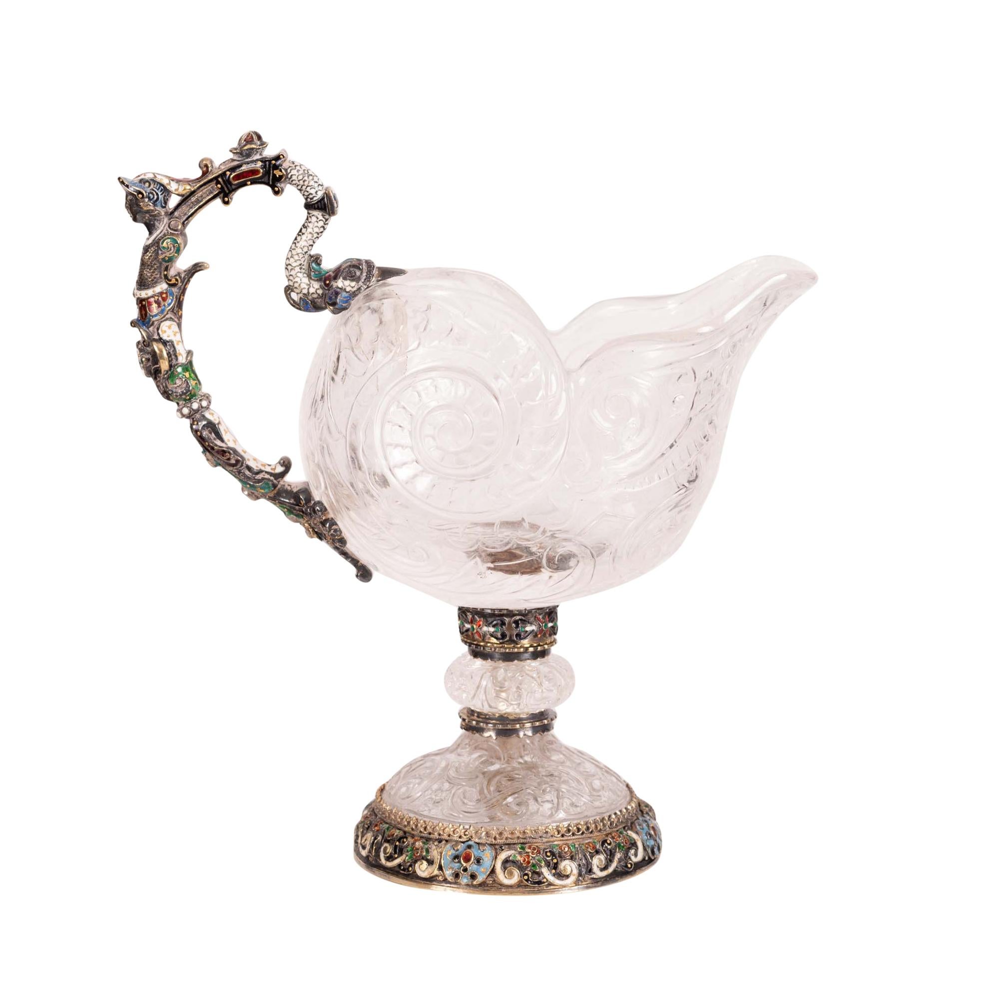 19th Century Viennese Renaissance Style Enameled Silver and Rock Crystal Shell-Form Ewer For Sale