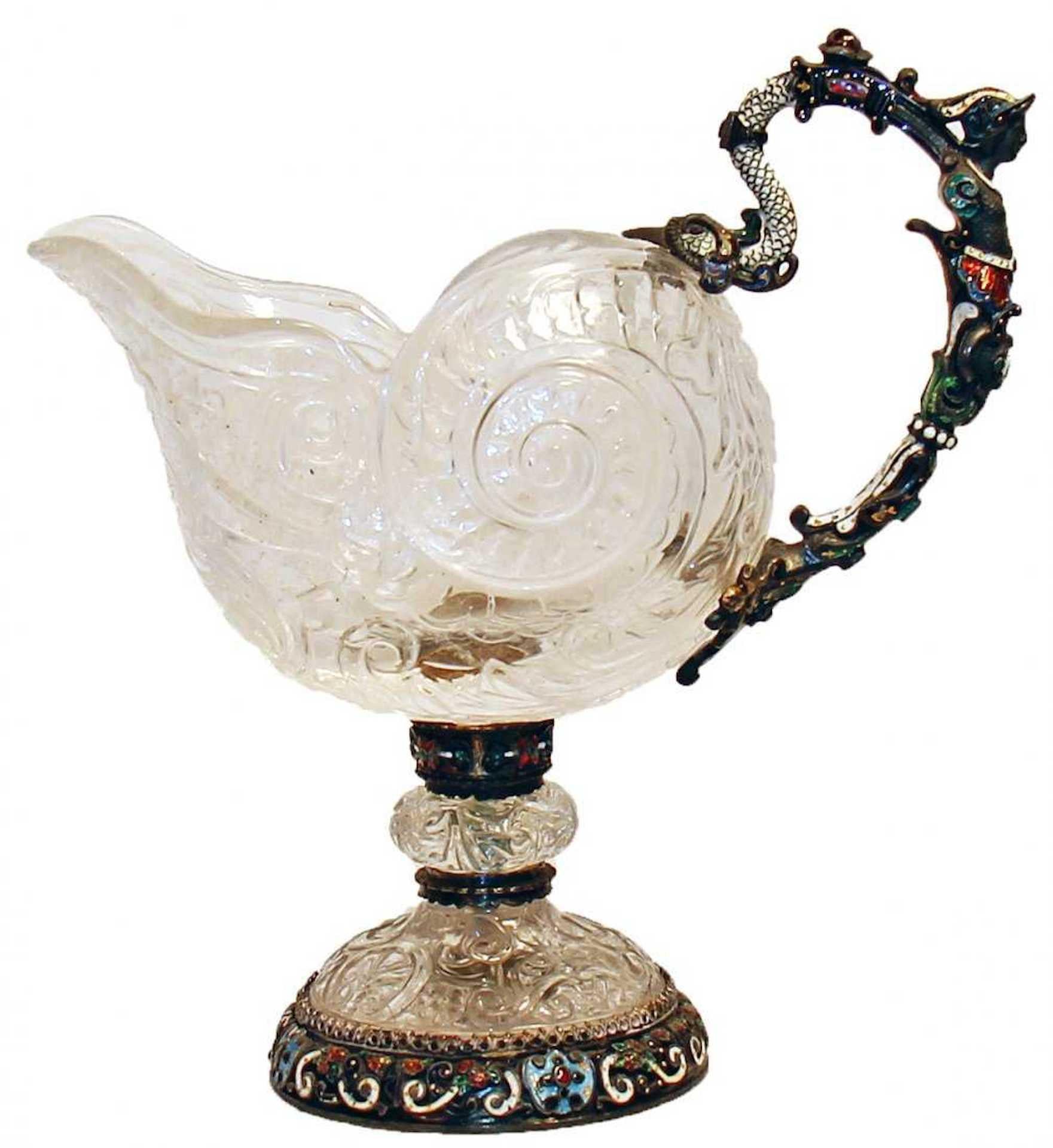 Art Glass Viennese Renaissance Style Enameled Silver and Rock Crystal Shell-Form Ewer For Sale