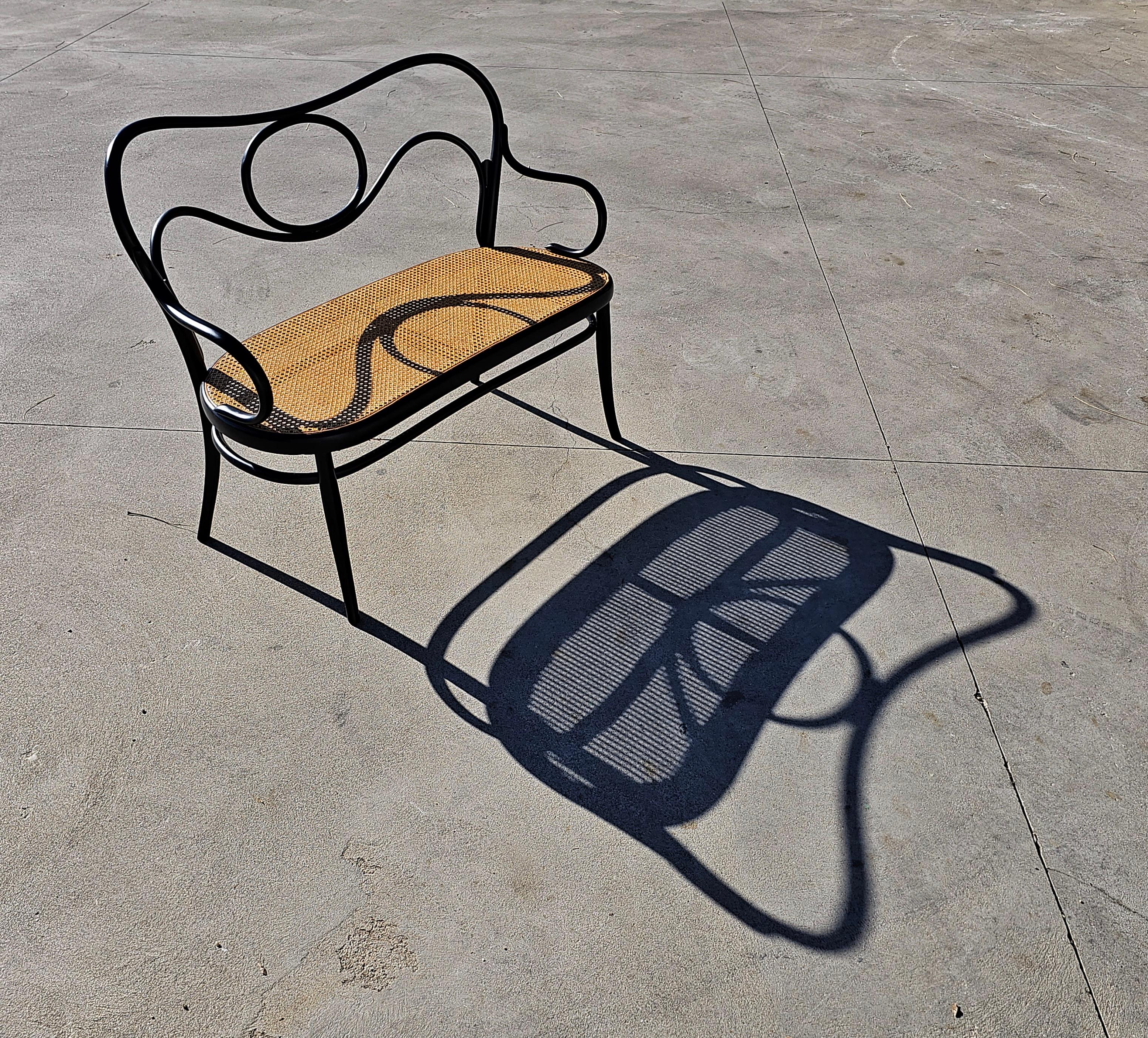 In questo annuncio troverai un rarissimo divano antico progettato e prodotto dai fratelli Thonet nell'ultimo decennio del XIX secolo. È realizzato in legno di faggio nero, con sedile in canna. La firma del produttore è ancora visibile, controlla