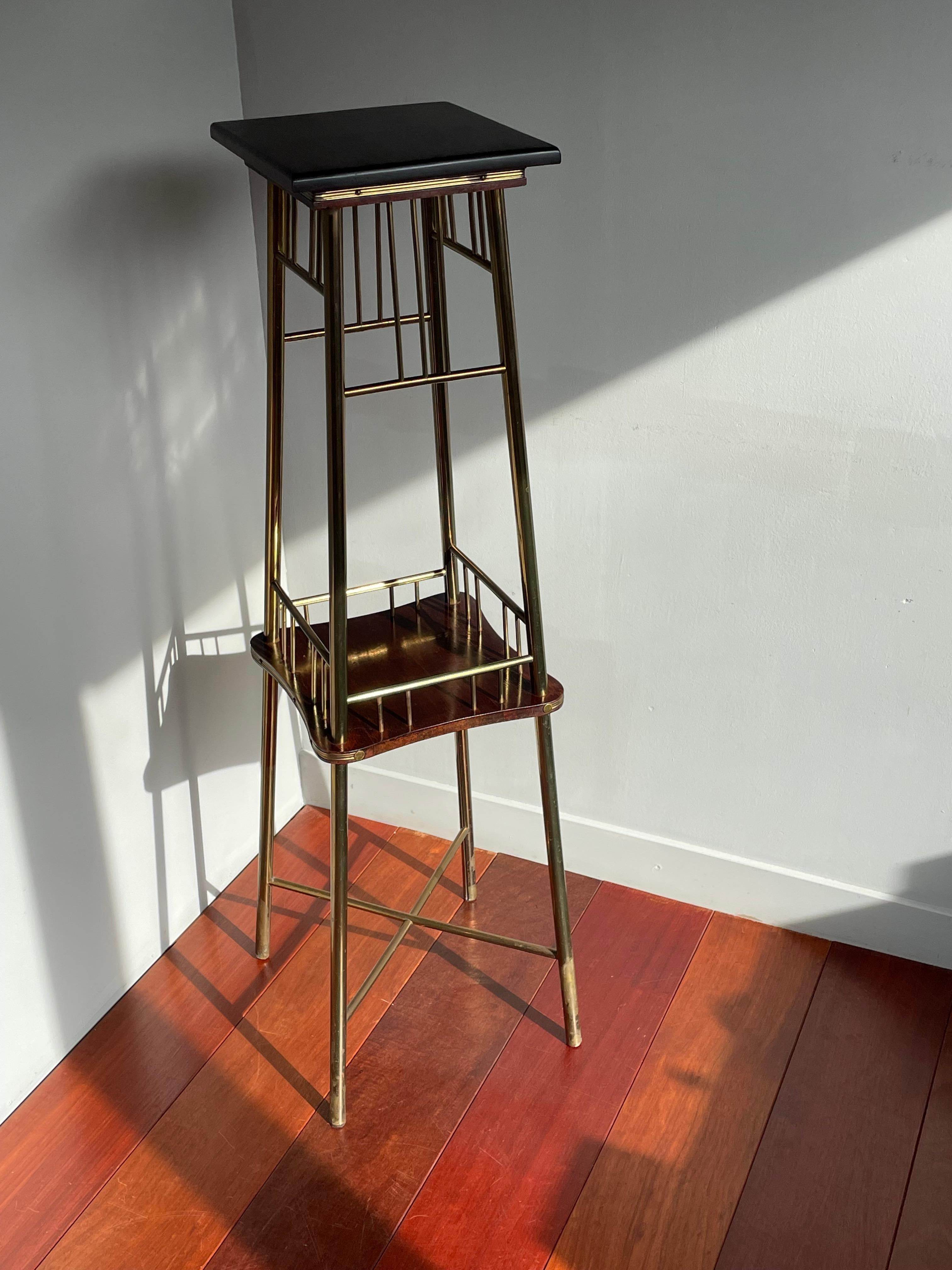 Arts and Crafts Viennese Secession Brass & Wood Pedestal or Display Stand Attr. Ernst Rockhausen For Sale