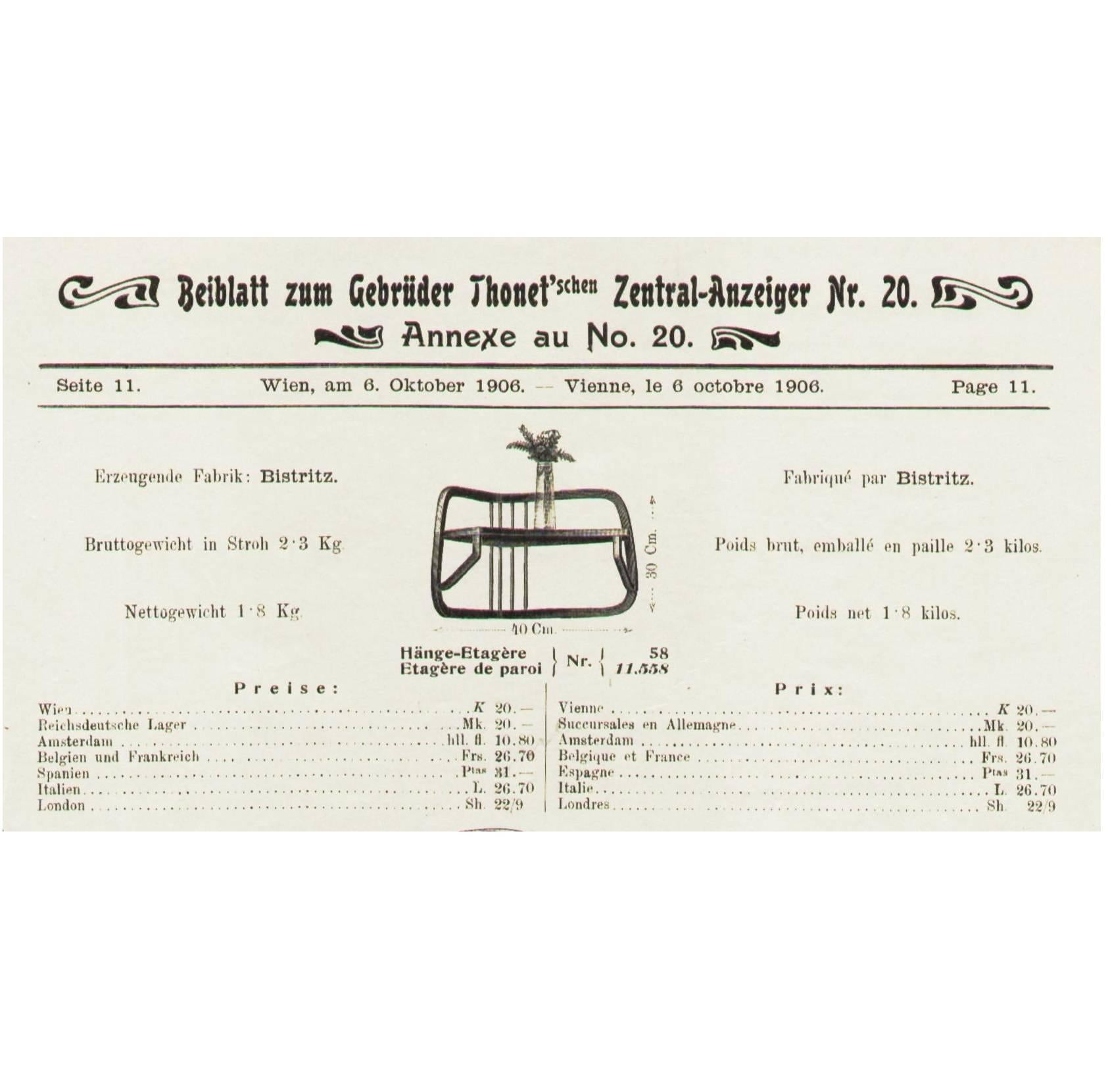 Austrian Viennese Secession Shelf Gebrüder Thonet Nr. 58, circa 1906 For Sale