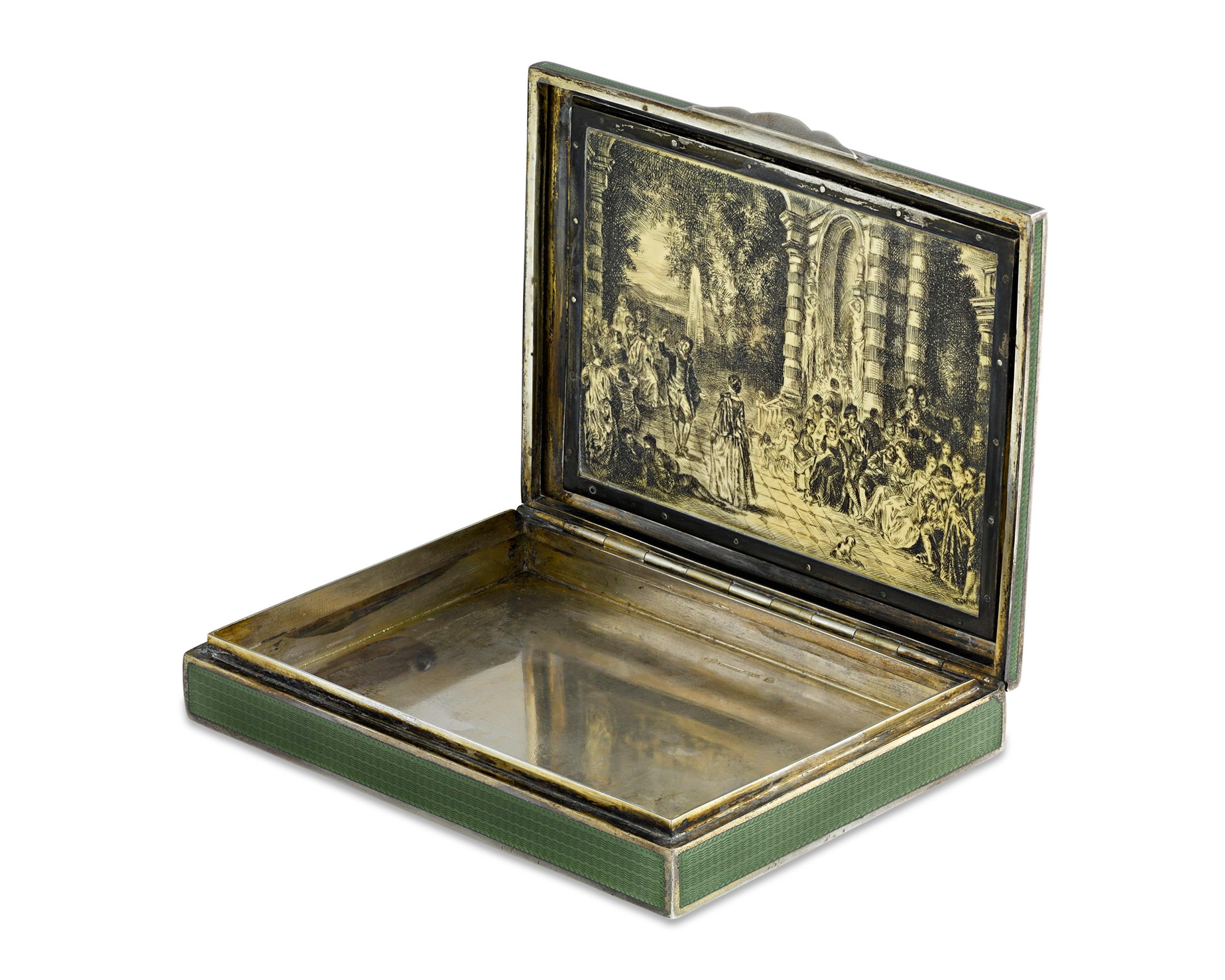 Crafted of fine 935 fineness of silver, this Viennese snuffbox is a testament to the country's time-honored and renowned tradition of enameling. The lid is graced by an intricate pastoral scene surrounded by a border of delicately hand painted