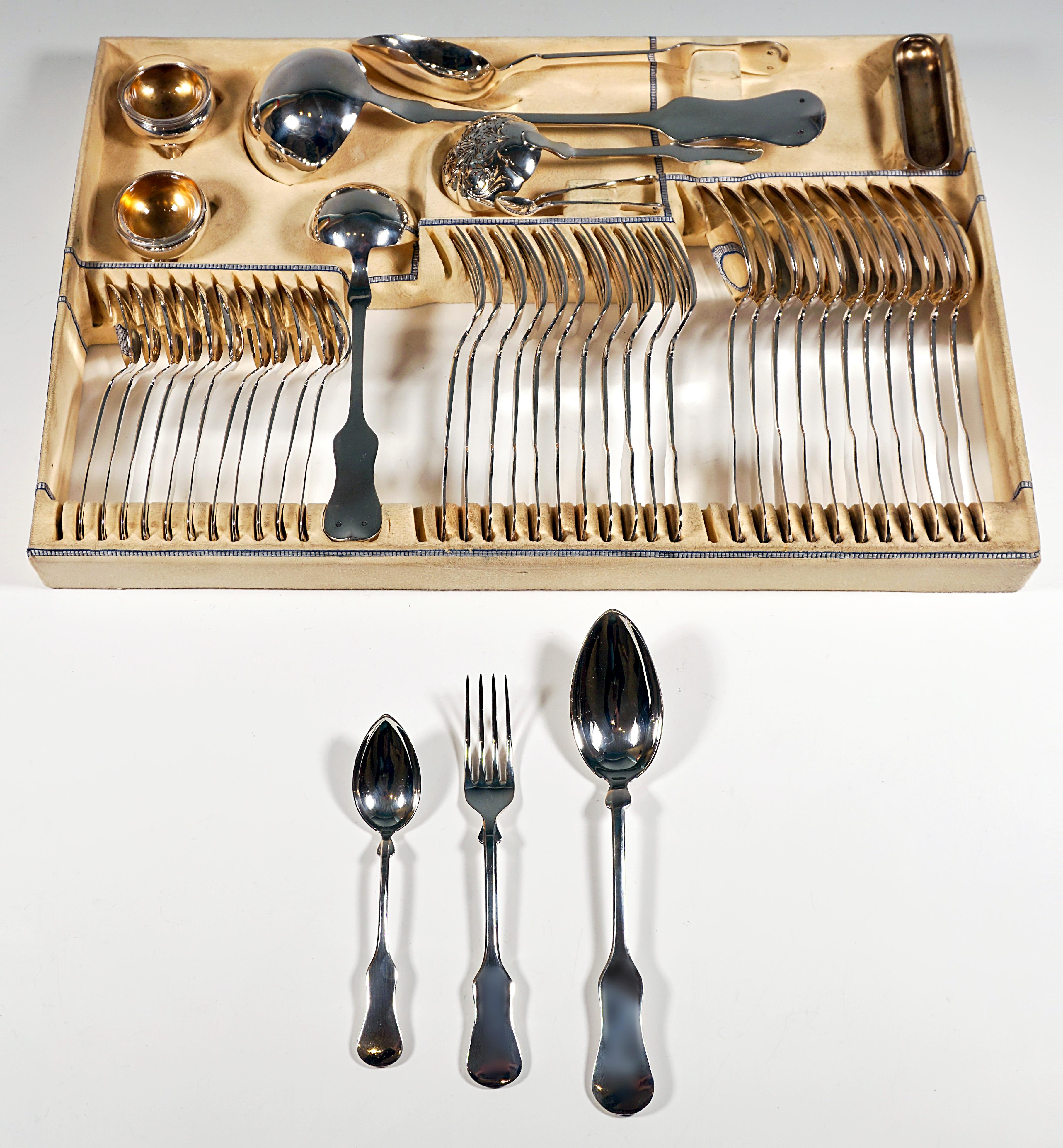 Hand-Crafted Viennese Silver Art Nouveau Cutlery Set, 12 People by Klinkosch In Original Case For Sale