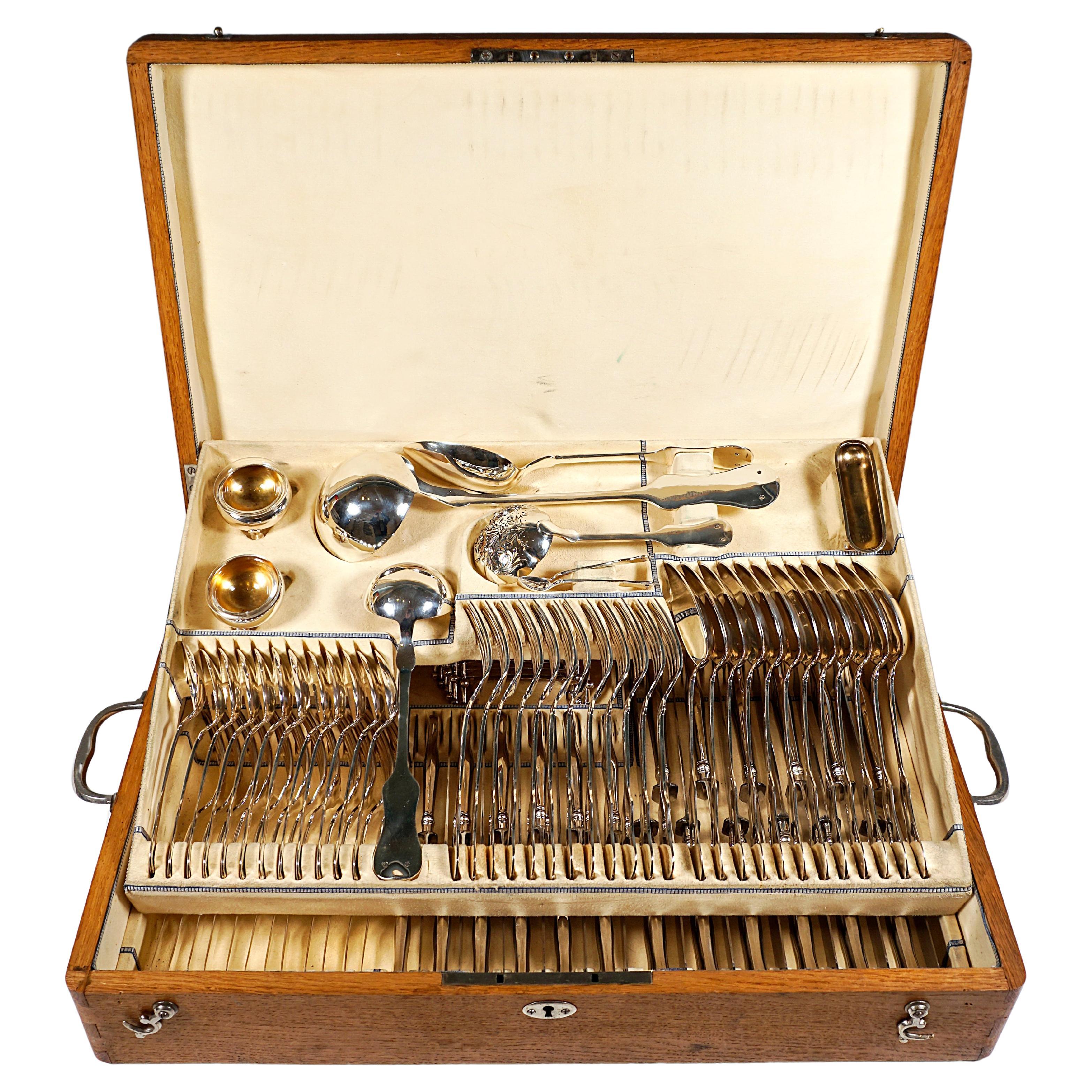 Viennese Silver Art Nouveau Cutlery Set, 12 People by Klinkosch In Original Case For Sale