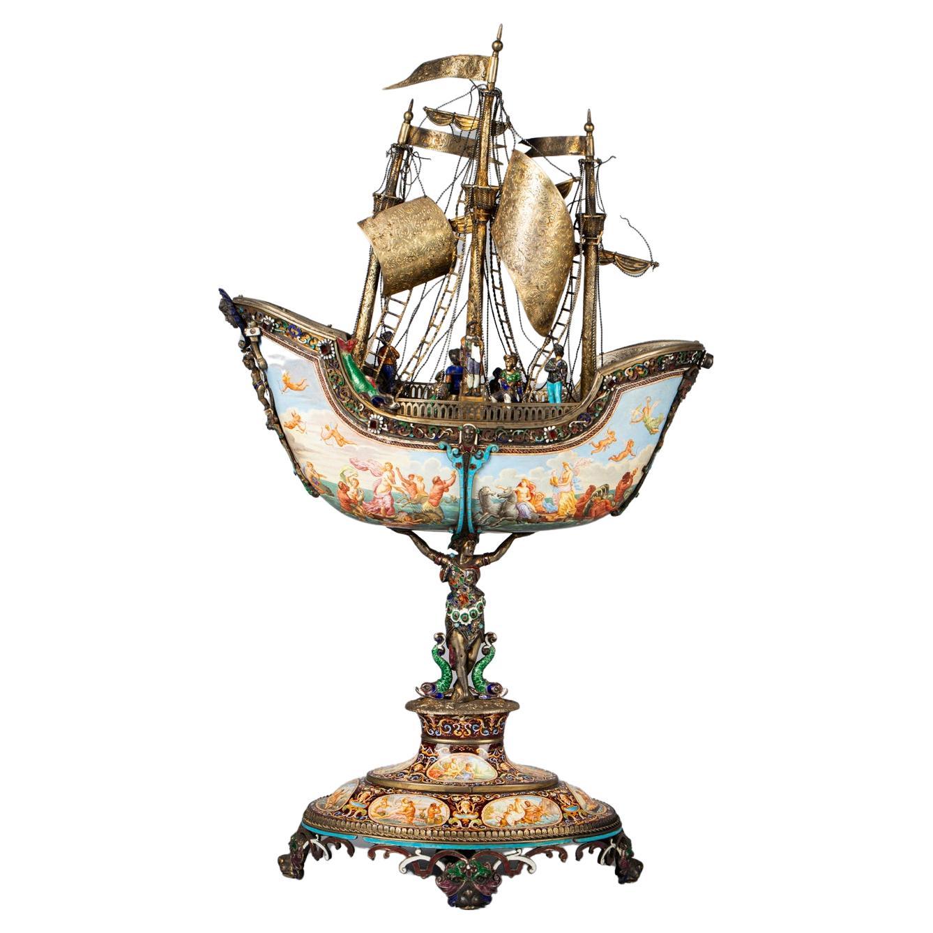 Viennese Silver, Enamel and Jeweled Nef, circa 1880 For Sale