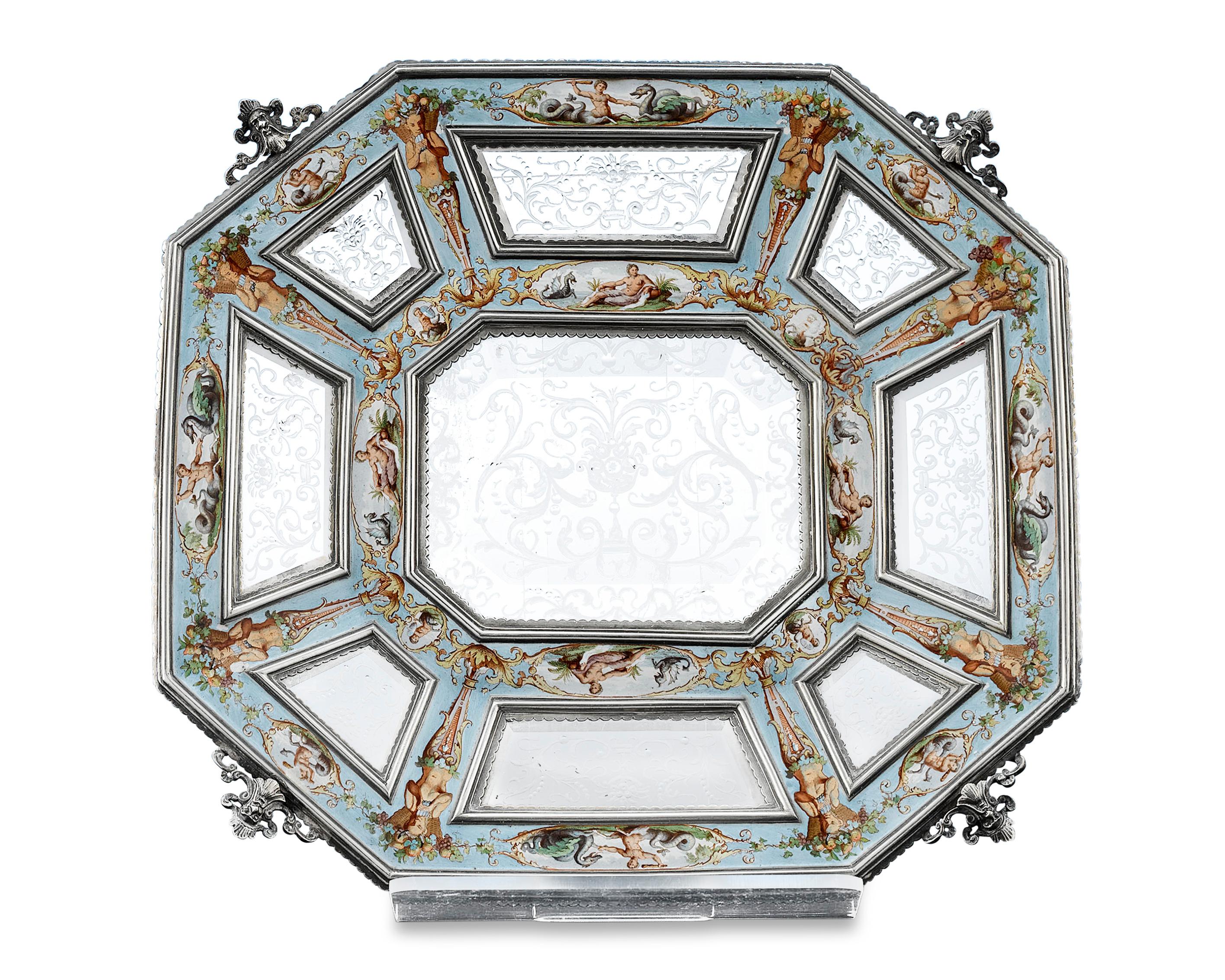 Classical Greek Viennese Silver, Enamel and Rock Crystal Dish
