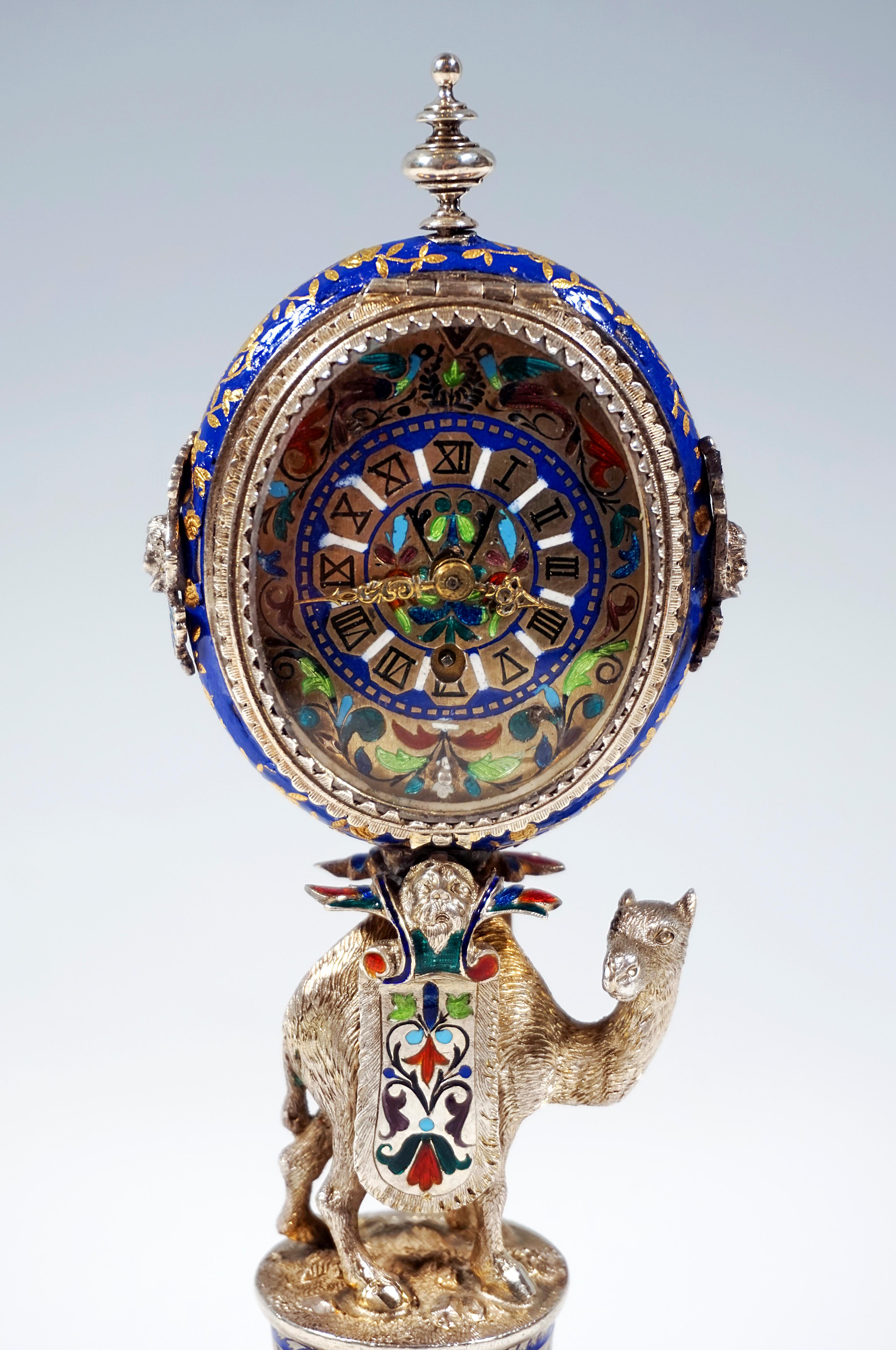 Hand-Crafted Viennese Silver Enamel Table Clock with Camel Carrying the Case, circa 1880