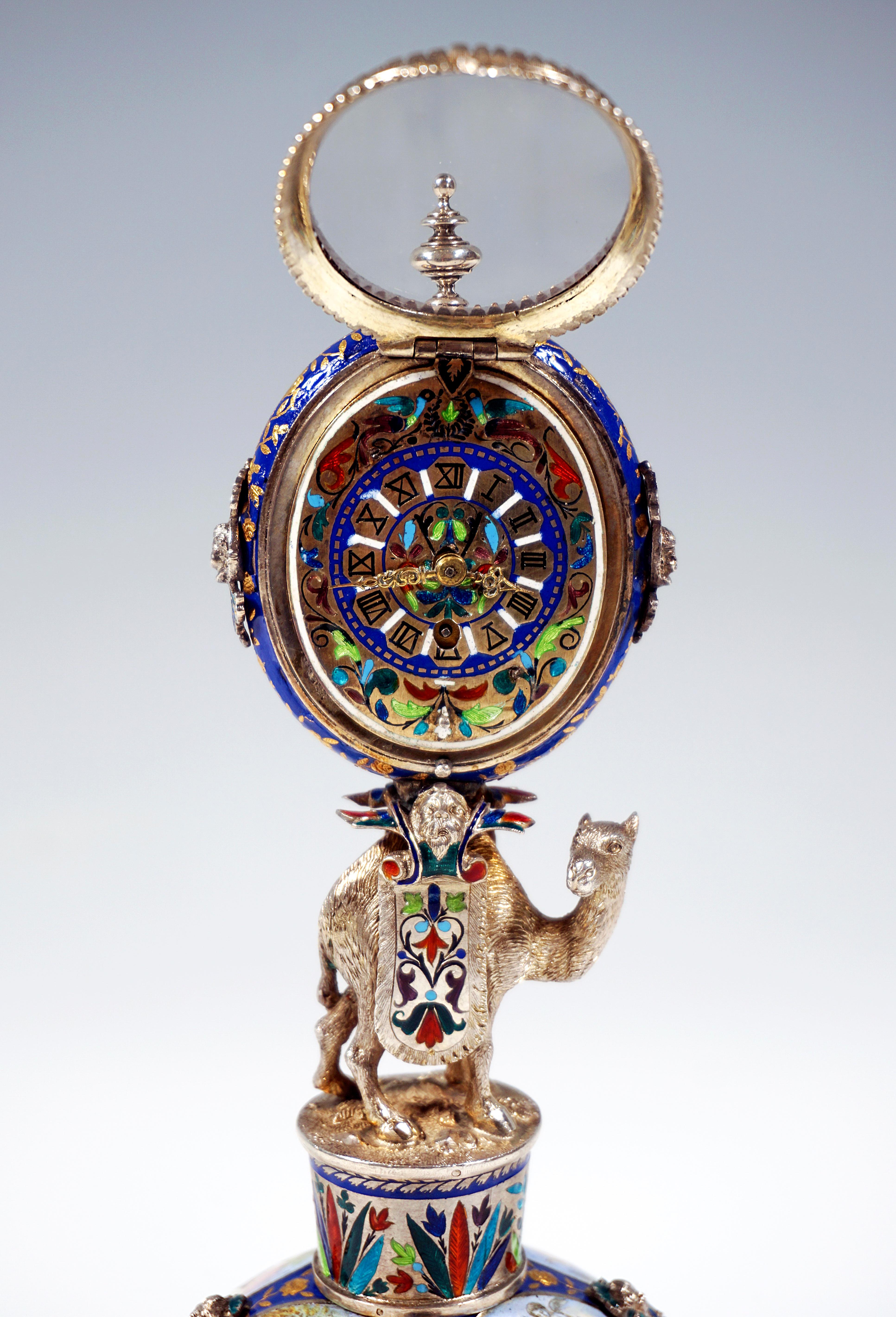 Viennese Silver Enamel Table Clock with Camel Carrying the Case, circa 1880 In Good Condition In Vienna, AT
