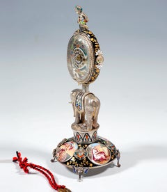 Horloge de table viennoise en argent émaillé avec éléphant qui porte le boîtier, vers 1880
