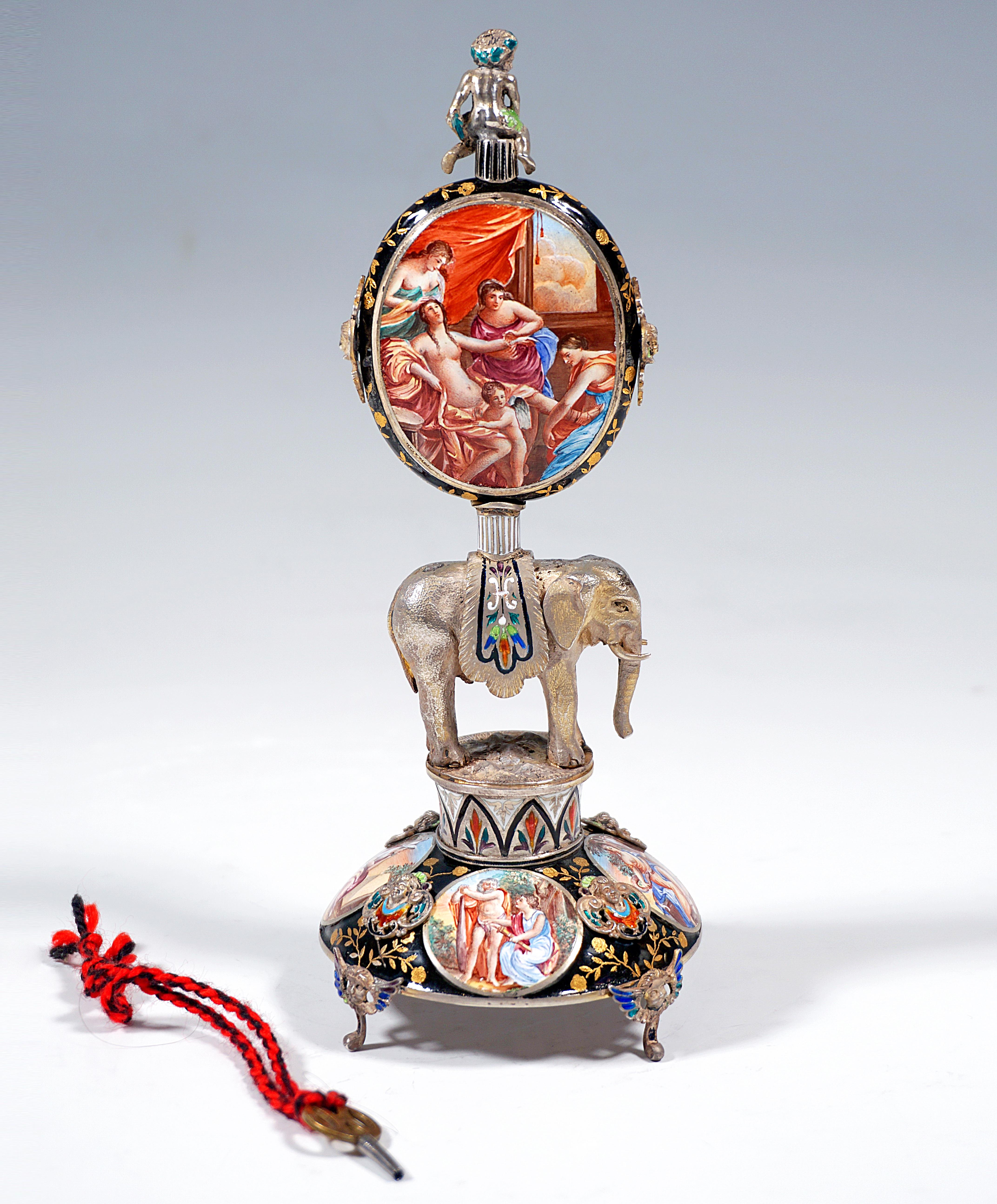 Other Viennese Silver Enamel Table Clock with Elephant Carrying the Case, ca. 1880
