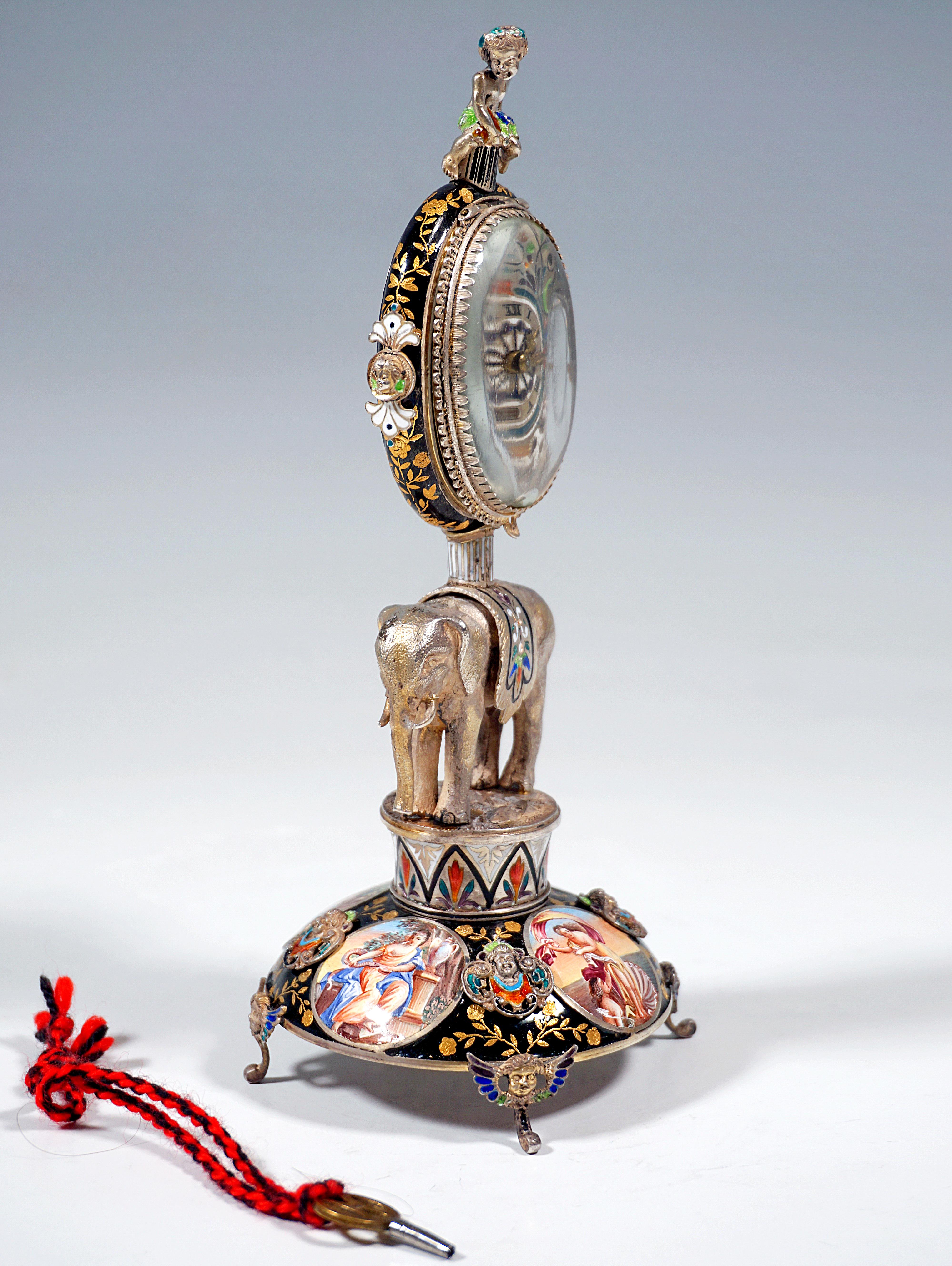 Austrian Viennese Silver Enamel Table Clock with Elephant Carrying the Case, ca. 1880