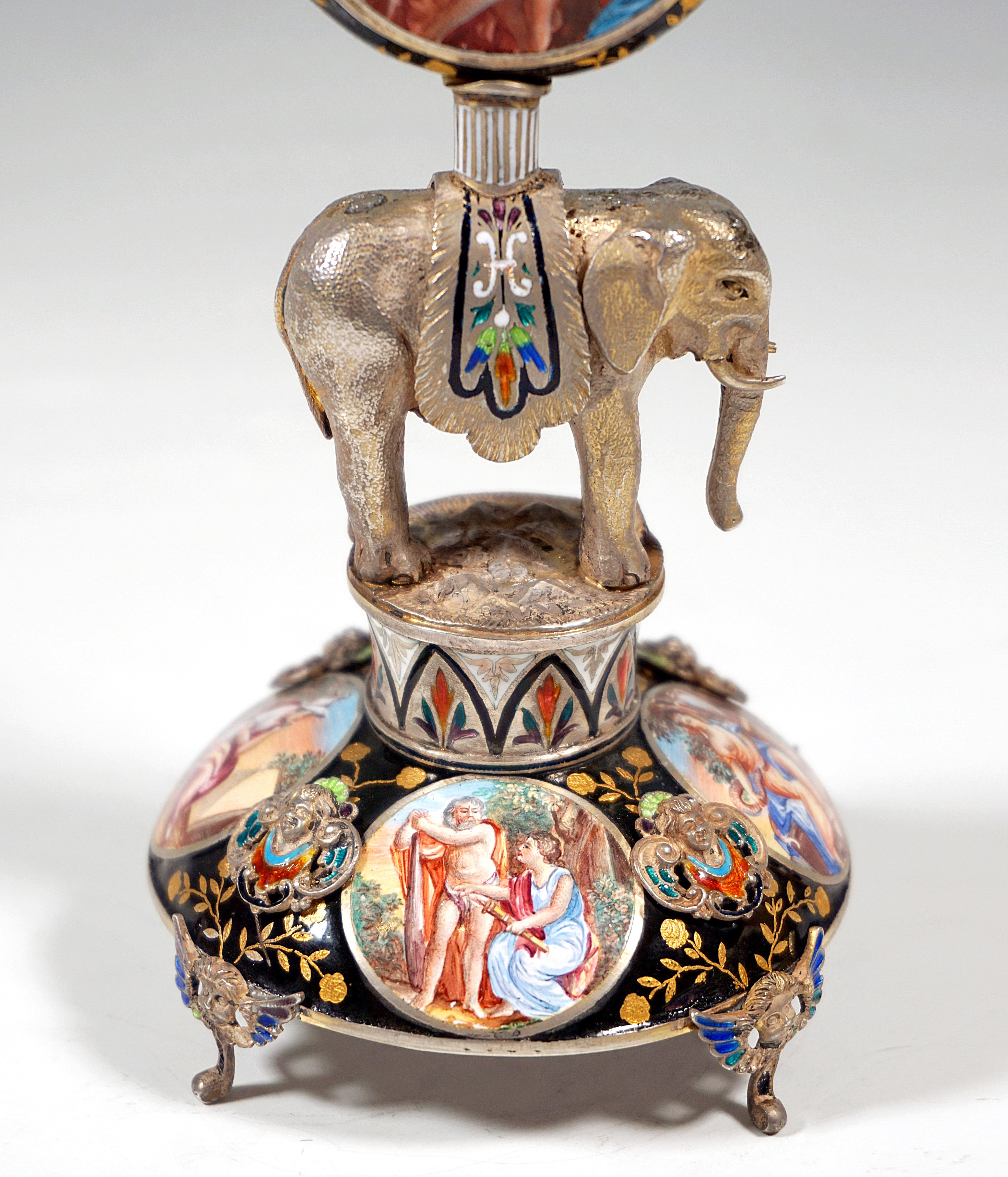 Viennese Silver Enamel Table Clock with Elephant Carrying the Case, ca. 1880 In Good Condition In Vienna, AT