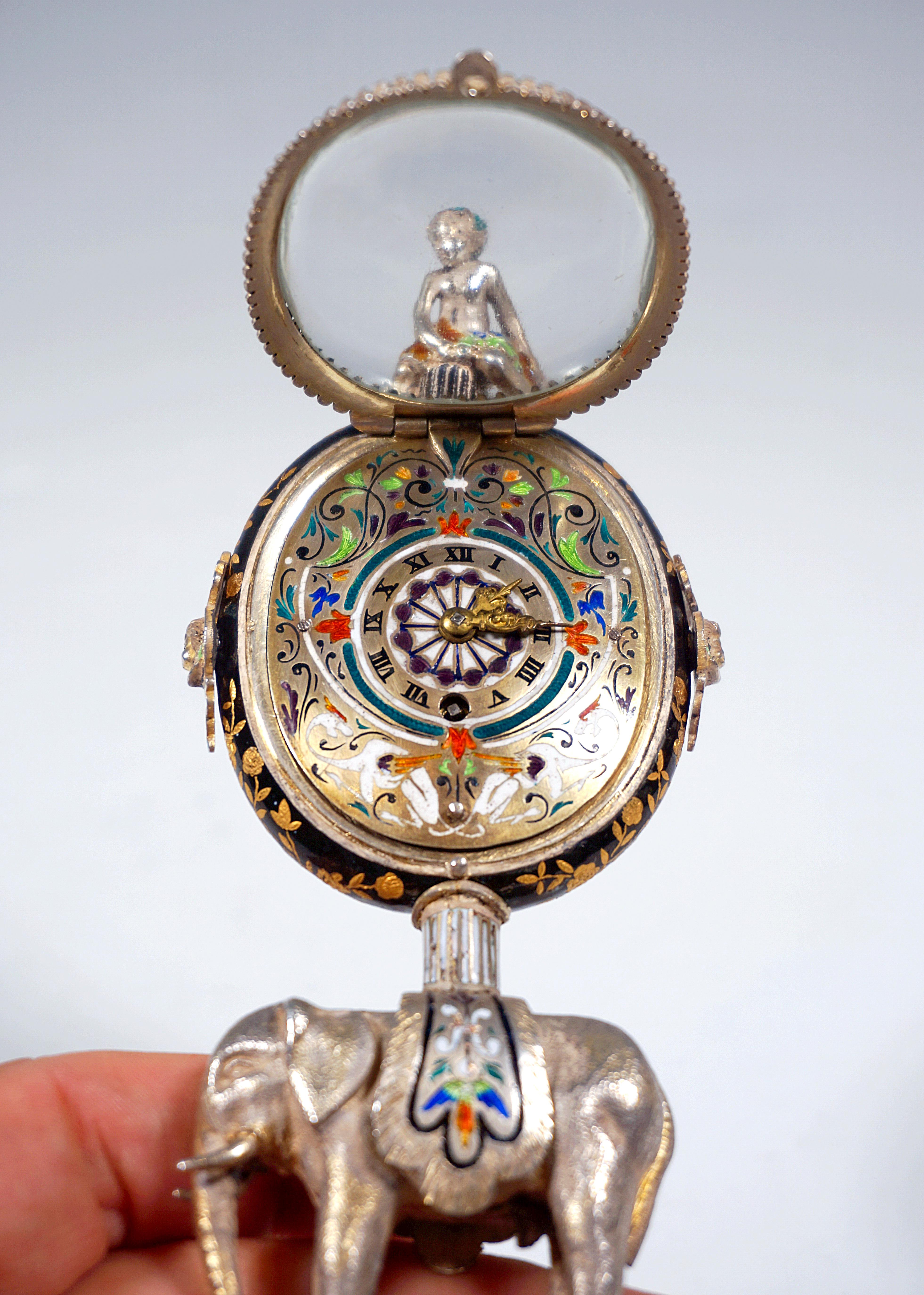 Viennese Silver Enamel Table Clock with Elephant Carrying the Case, ca. 1880 1