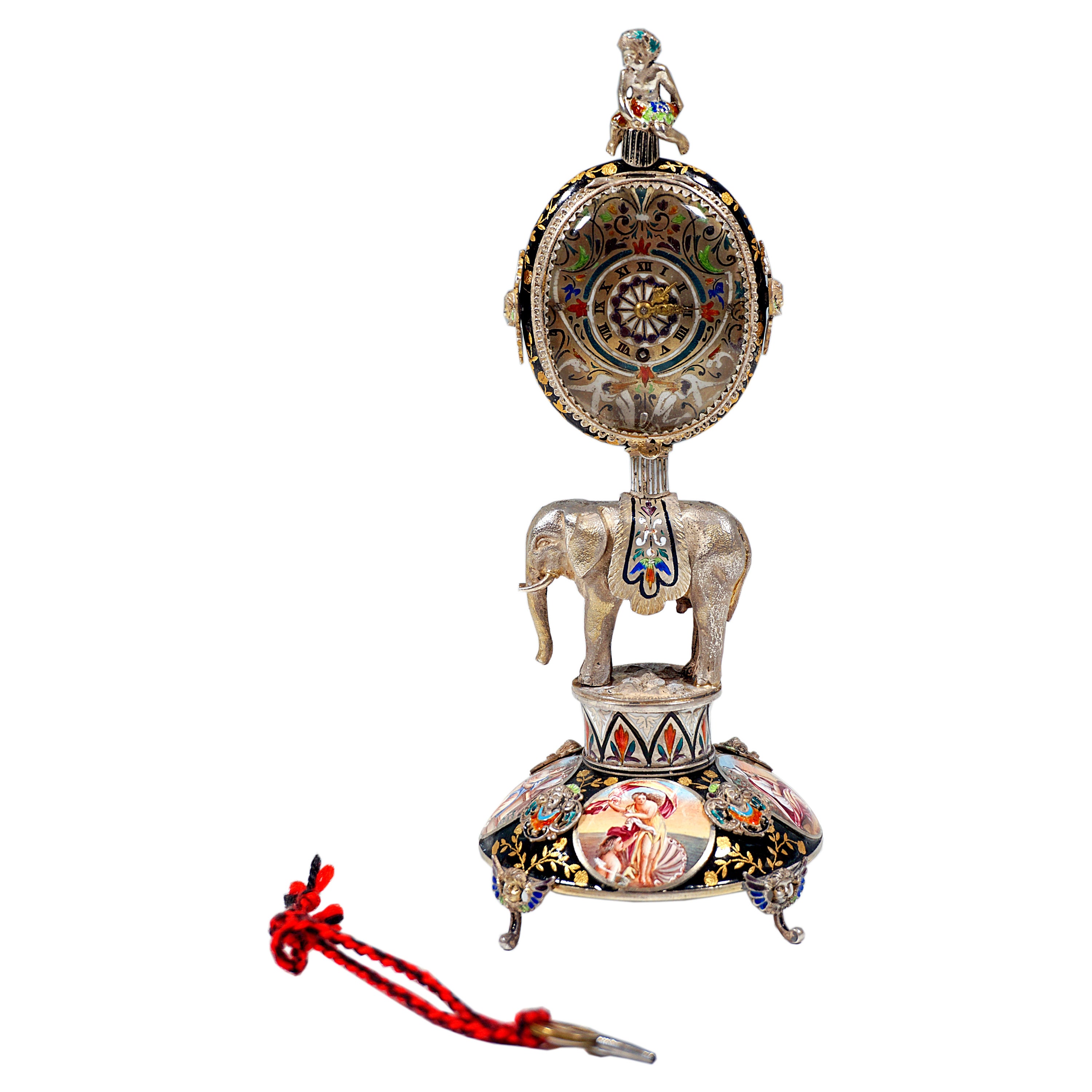 Viennese Silver Enamel Table Clock with Elephant Carrying the Case, ca. 1880