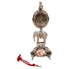 Viennese Silver Enamel Table Clock with Elephant Carrying the Case, ca. 1880