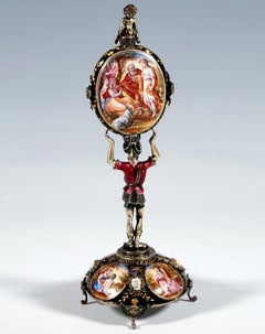 Wiener Silber-Emaille-Tischuhr mit römischer Figur, die das Gehäuse trägt, ca. 1880