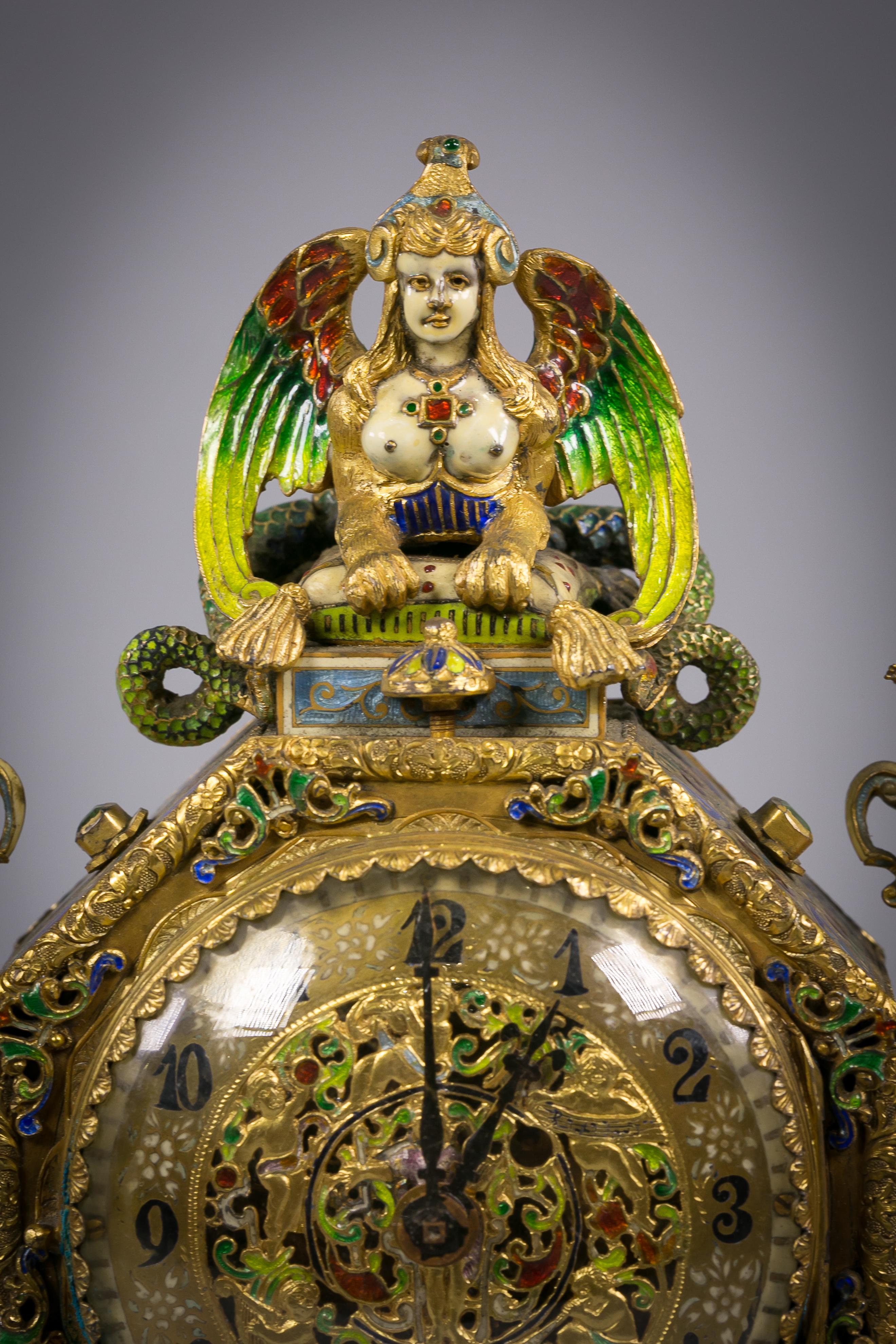 Austrian Viennese Silver Gilt and Enamel Sphinx Clock, circa 1880 For Sale