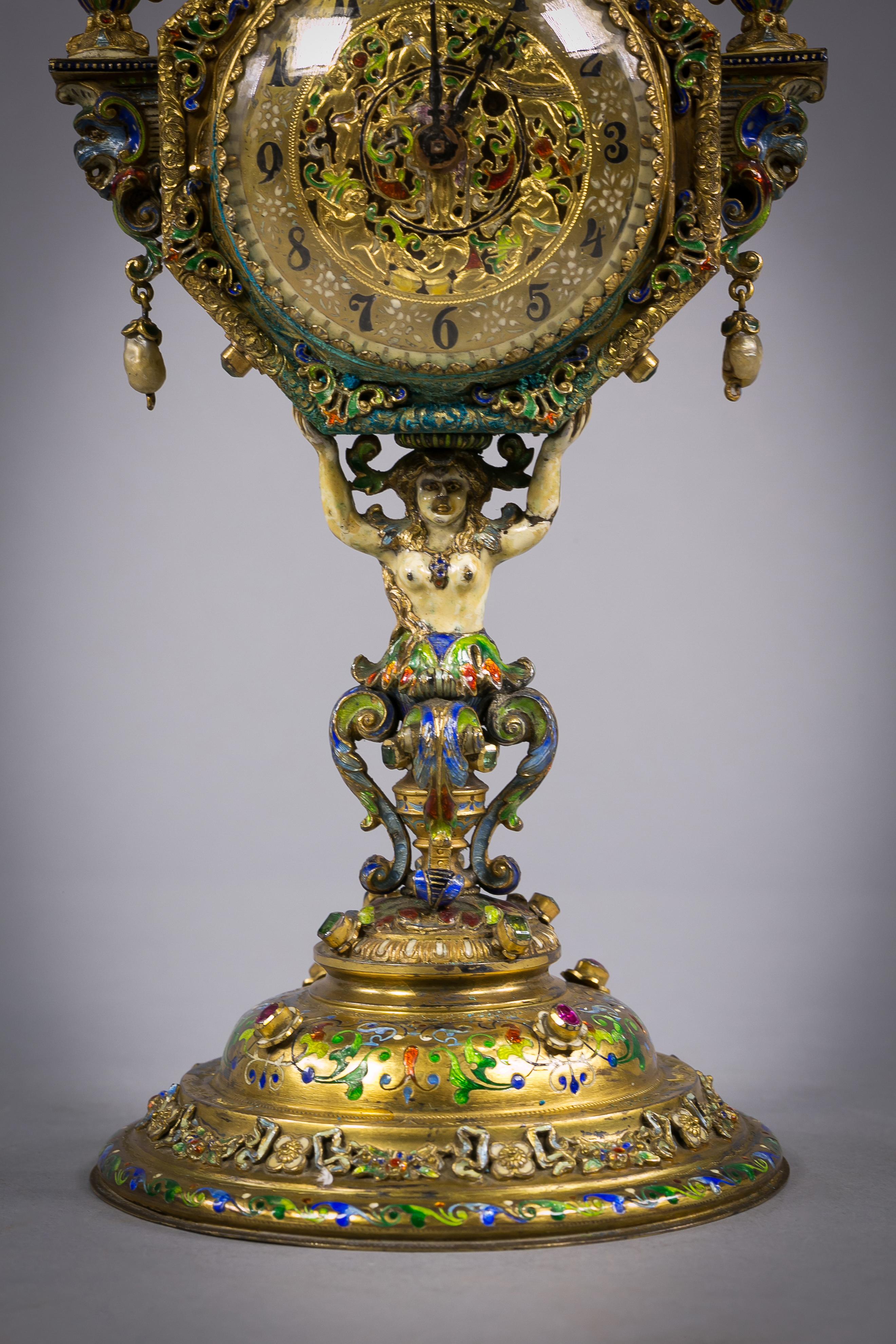Viennese Silver Gilt and Enamel Sphinx Clock, circa 1880 In Good Condition For Sale In New York, NY