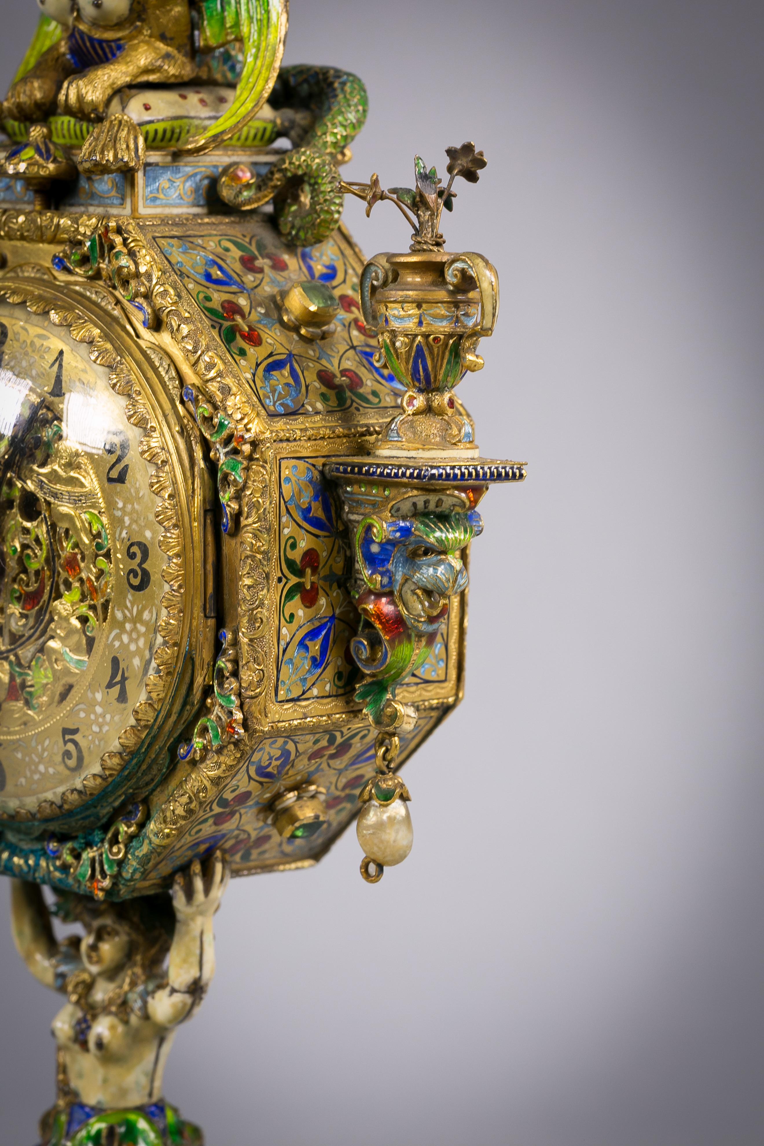 Late 19th Century Viennese Silver Gilt and Enamel Sphinx Clock, circa 1880 For Sale