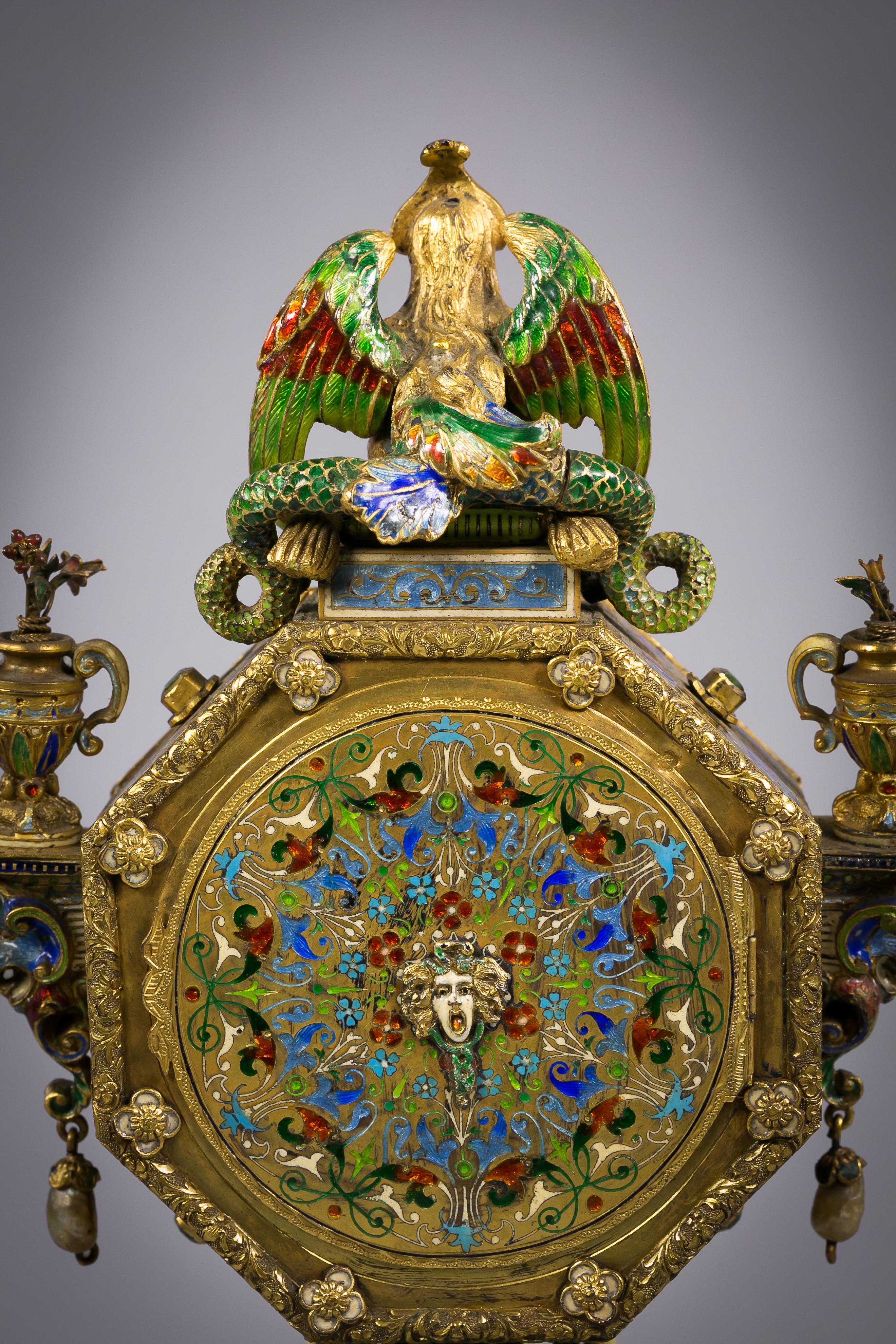 Viennese Silver Gilt and Enamel Sphinx Clock, circa 1880 For Sale 1