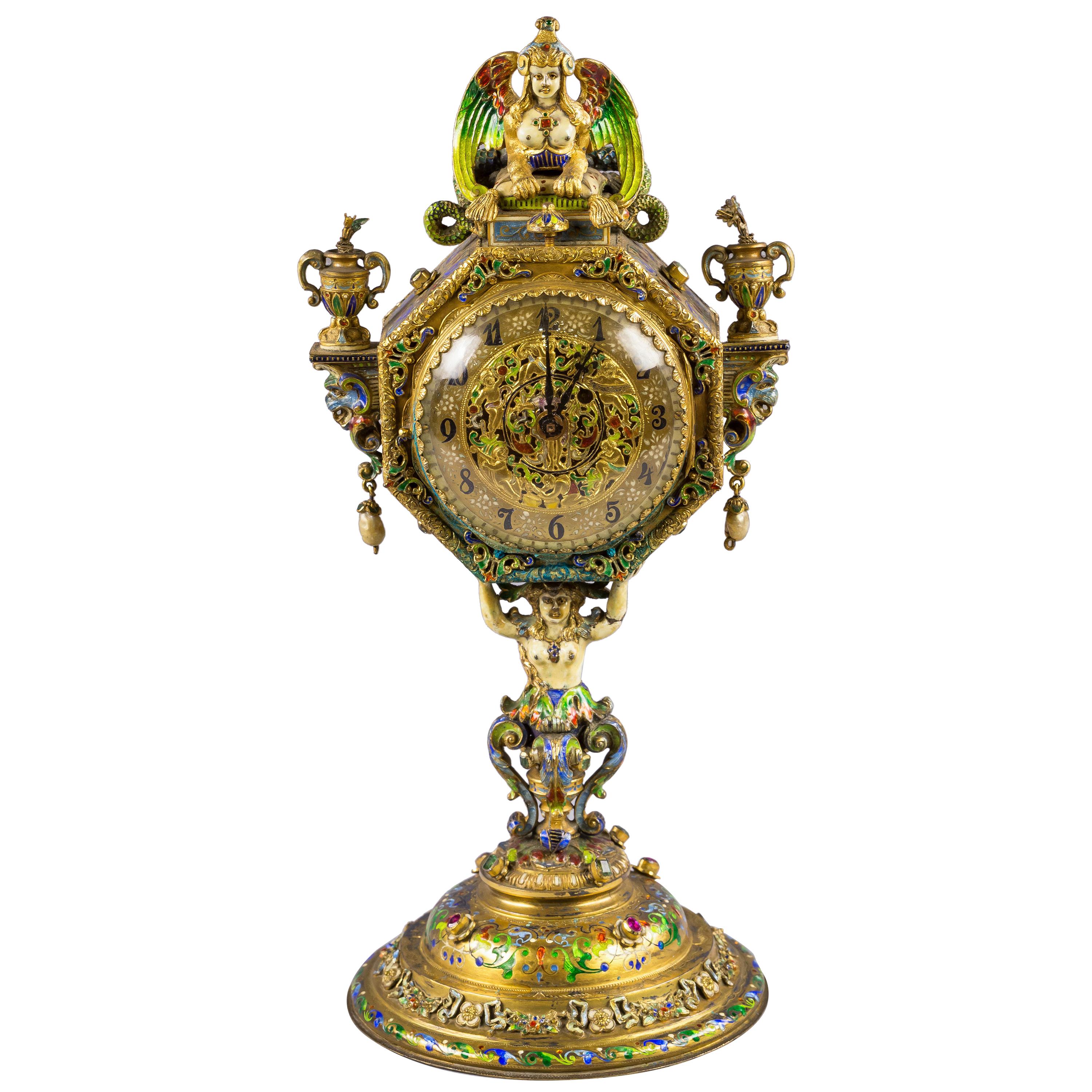 Viennese Silver Gilt and Enamel Sphinx Clock, circa 1880 For Sale