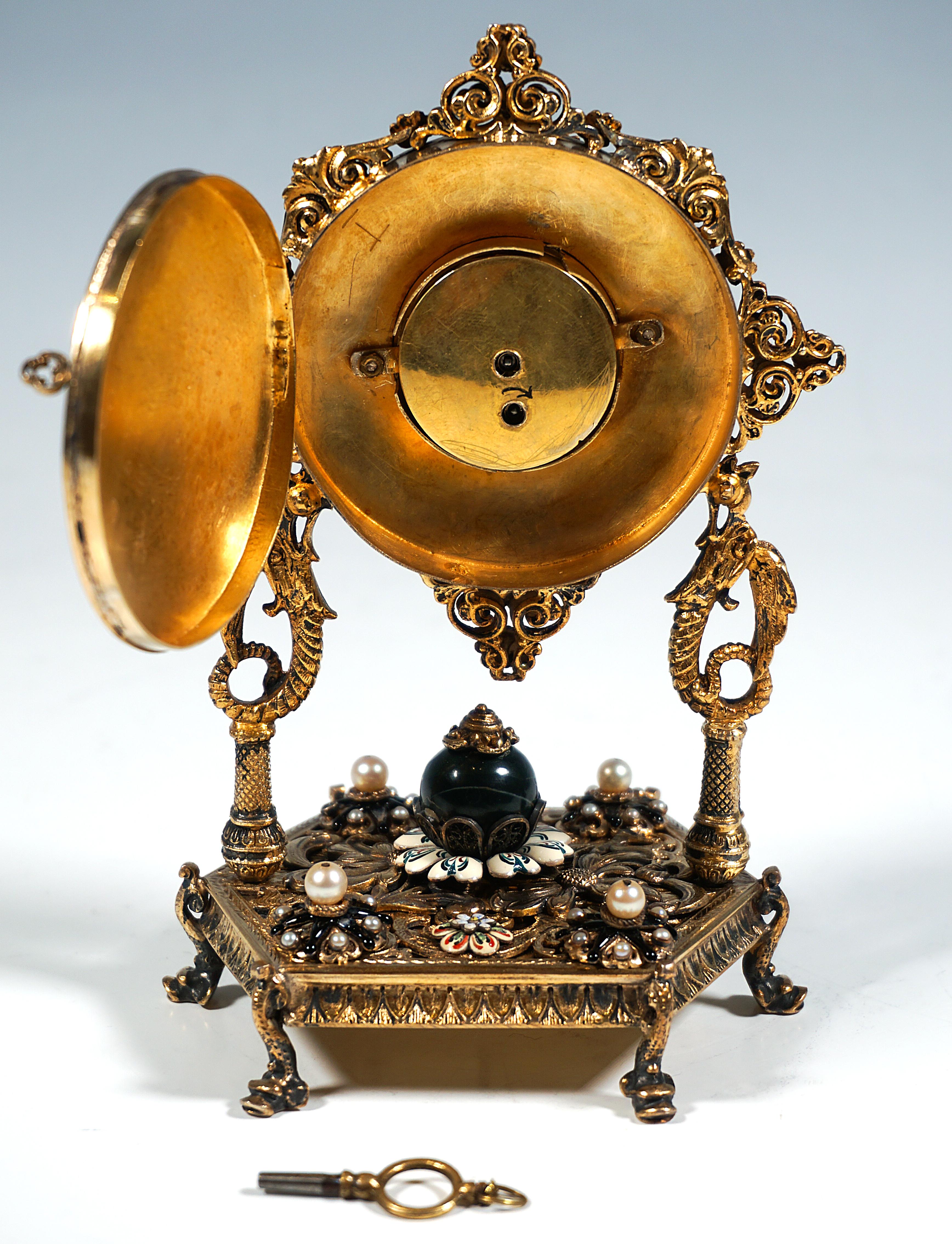 Reloj de Esplendor del Historicismo Vienés de Plata Dorada con Turquesas y Perlas, c1880 en Bueno estado para la venta en Vienna, AT