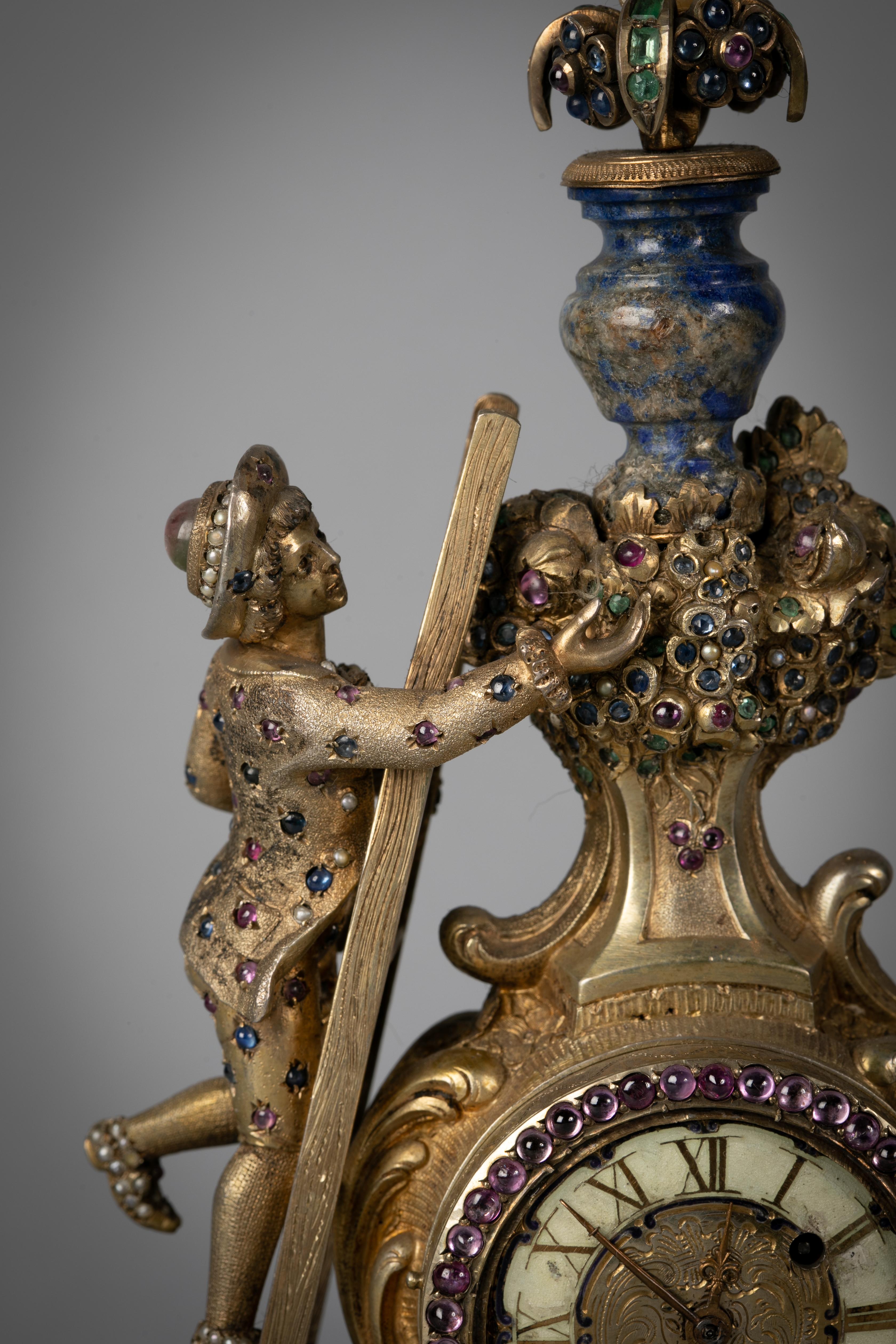 Austrian Viennese Silver Gilt, Lapis and Jeweled Figural Clock, circa 1880 For Sale